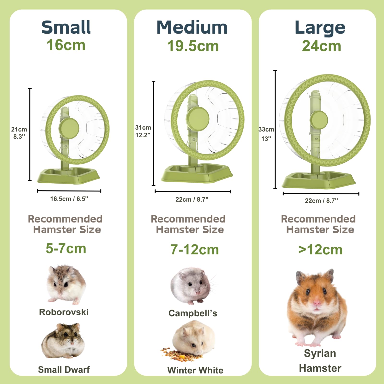 Ruotina per Hamster, Ruota per Esercizio e Corsa Silenziosa con Rotazione Fluida e Supporto Regolabile, Adatta per Piccoli Animali Criceti Nani Siriani Riccioli Mice (Verde, Piccolo (16cm))