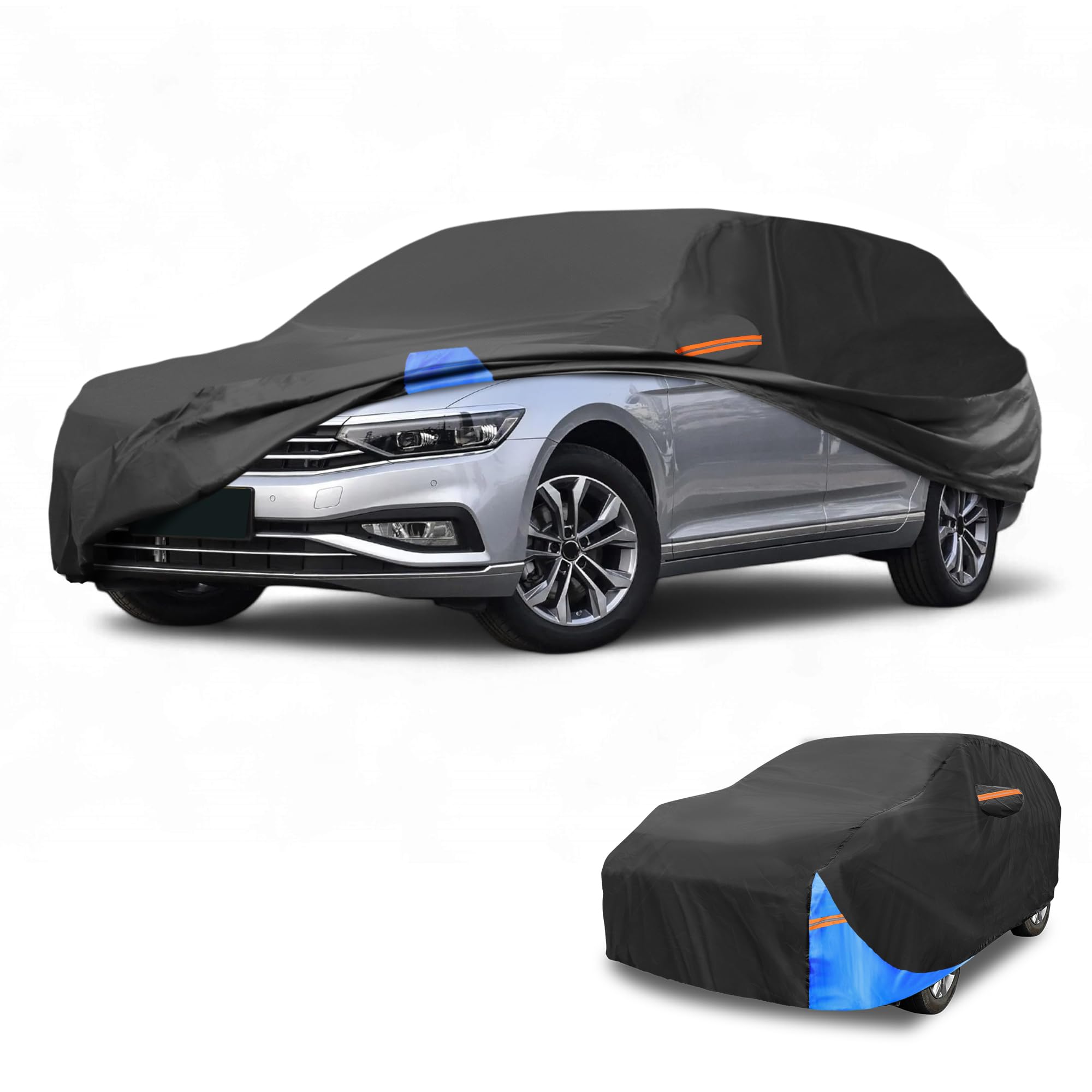 Waterproof All-Weather Universal Car Cover with Right Side Zipper, 190T Polyeste Black Blue Fits for Wagon 177" to 190" Length