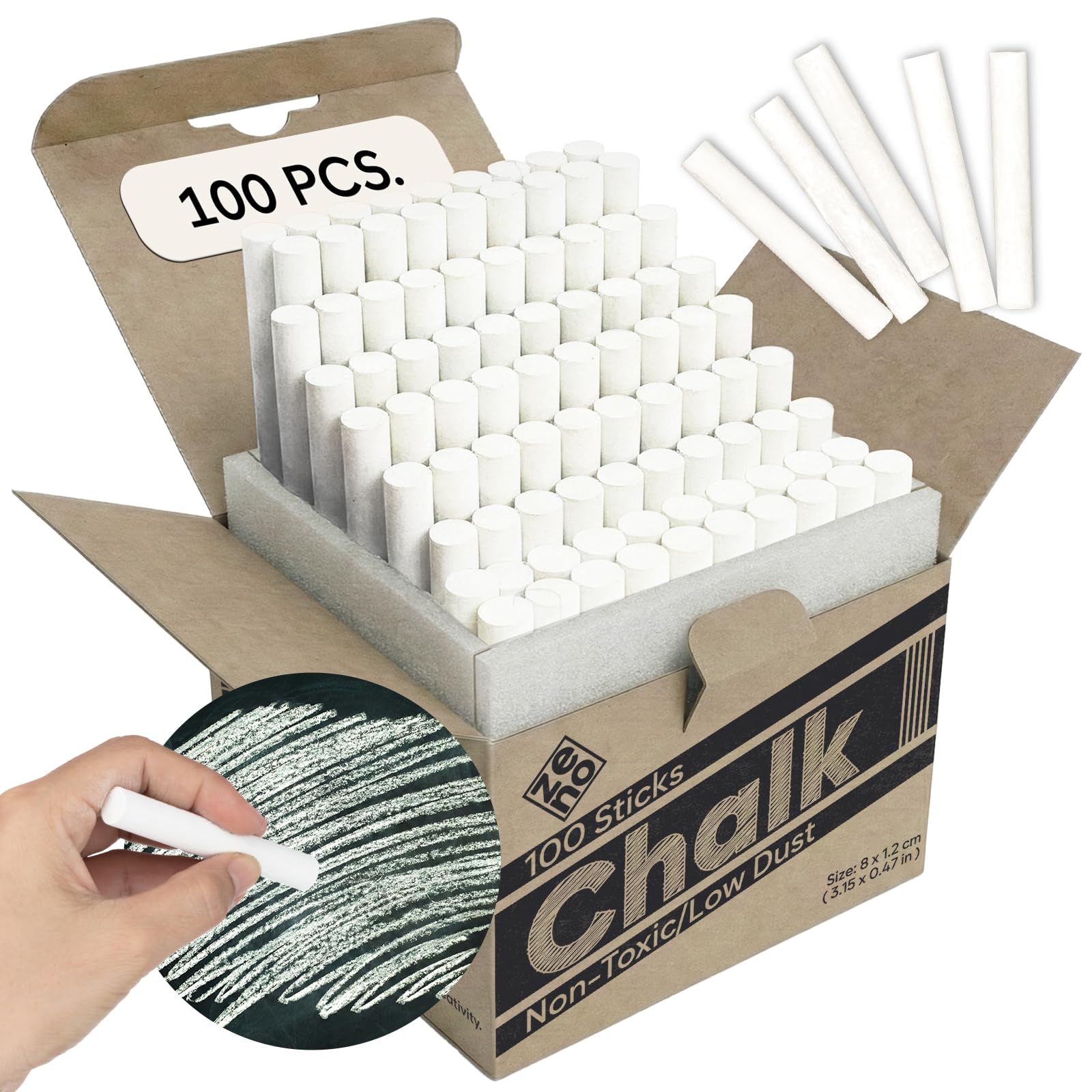 ZENO Chalk for Blackboard – 100 Sticks – White – Non-Toxic, Low Dust – Classroom & School Chalk