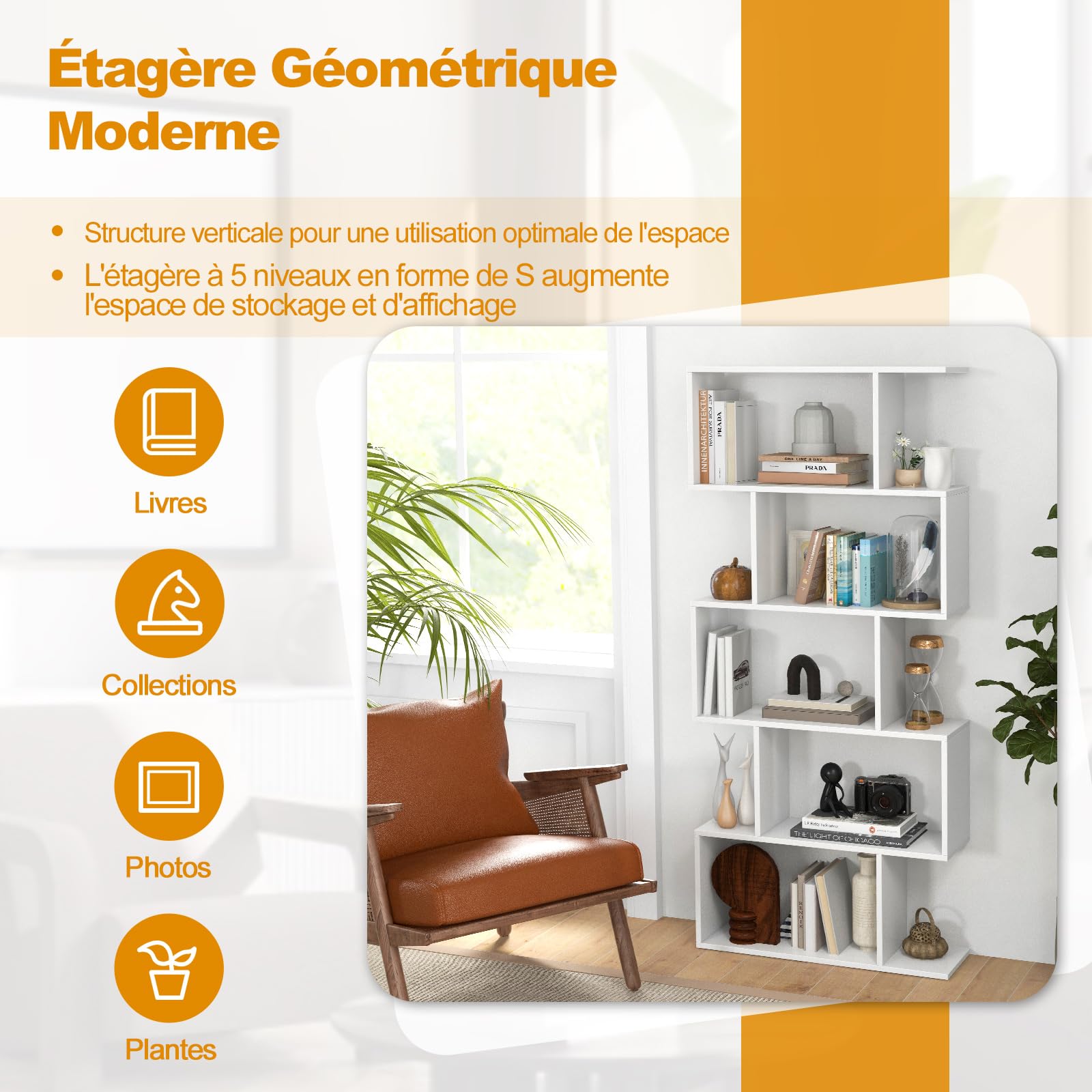 COSTWAY Bibliothèque en Forme de S, Étagère à 5 Niveaux, Meuble de Rangement avec Anti-basculement, 70 x 23,5 x 158 cm, pour Salon, Chambre, Bureau, Blanc