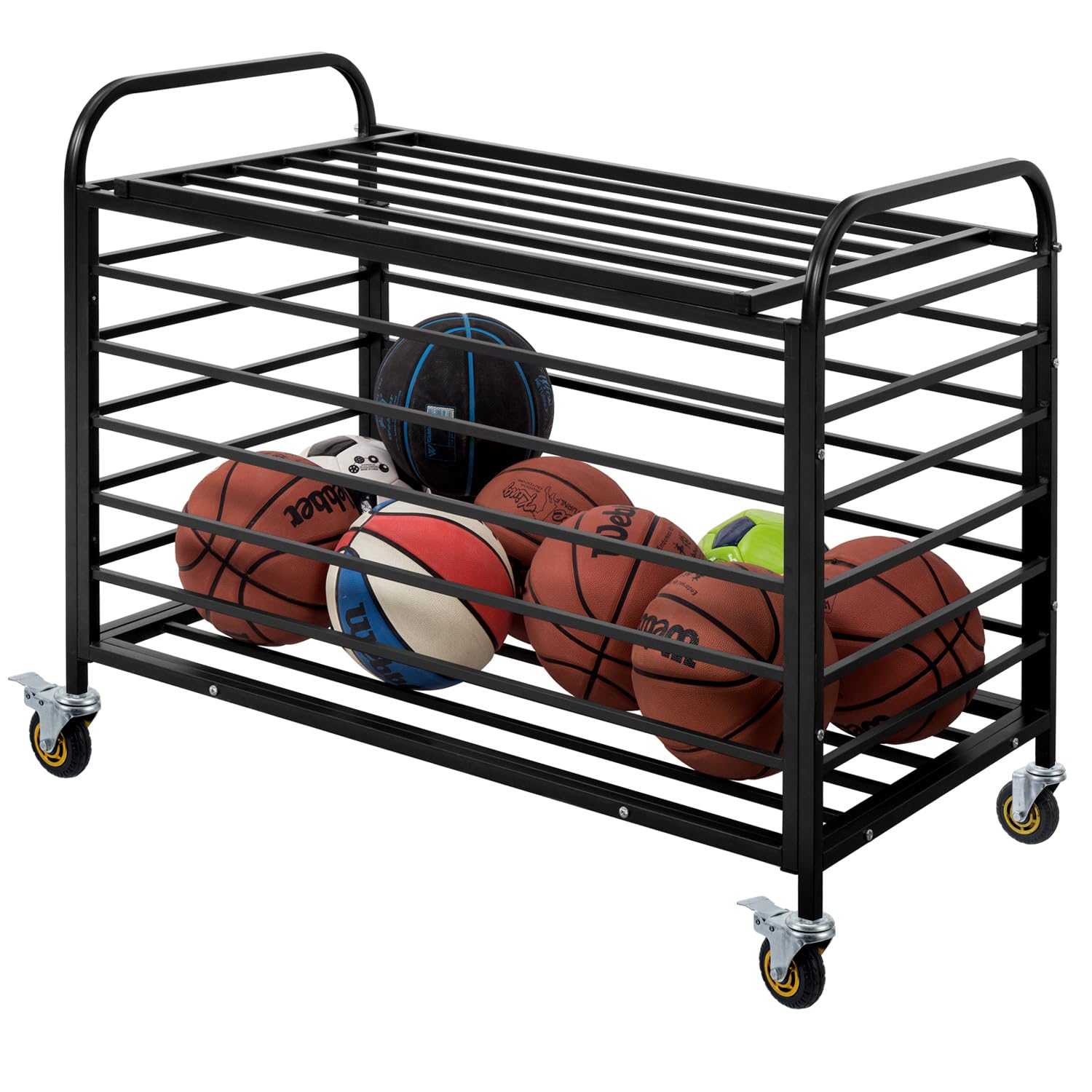 MyGift Professional Black Metal Rolling Sports Ball Storage Cart with Lid