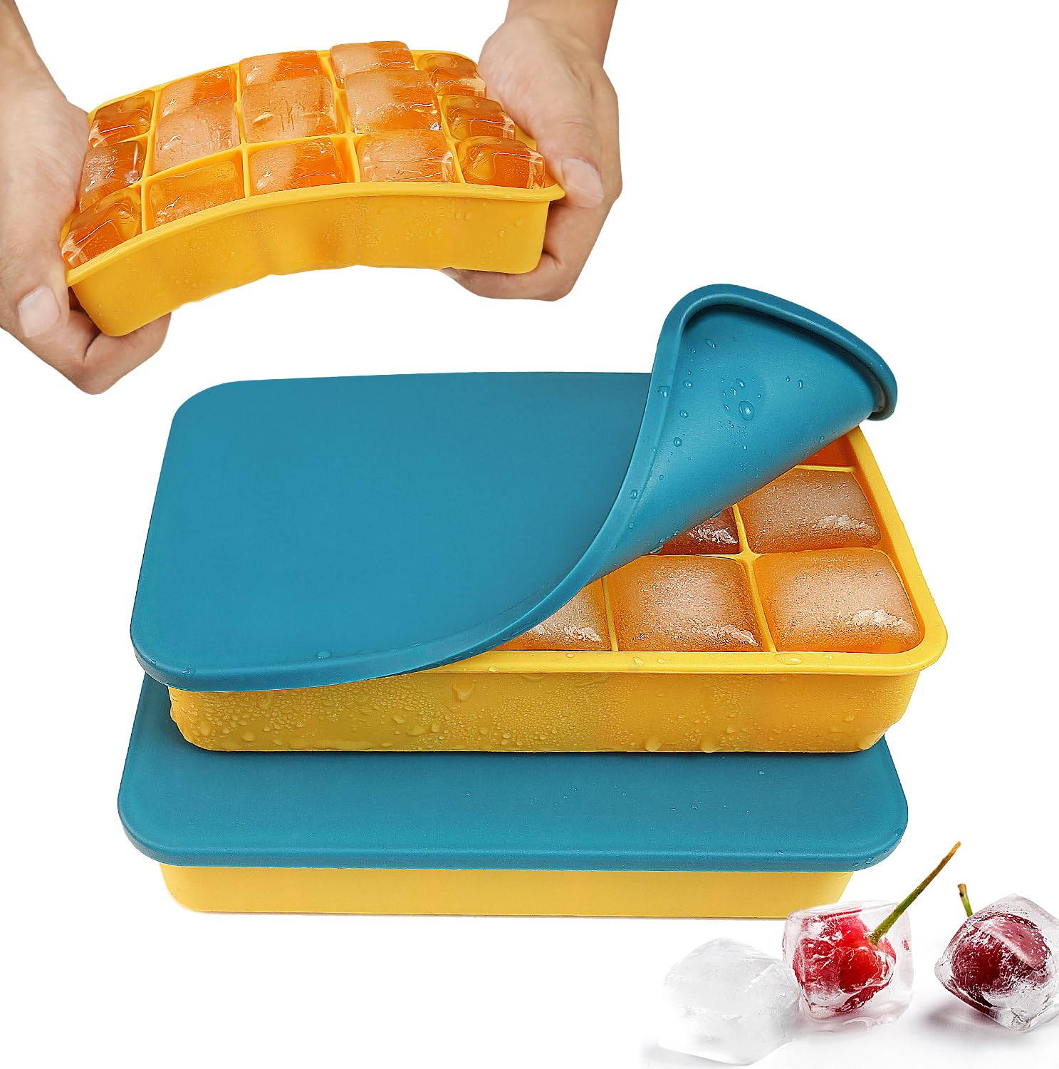muenfly Eiswürfelbehälter Silikon 2er Set mit Deckel, 30 Eiswürfel | BPA-frei, spülmaschinenfest, stapelbar, 3x3 cm Würfel, praktische Eiswürfelform für Cocktails, Whisky, Party & Alltag