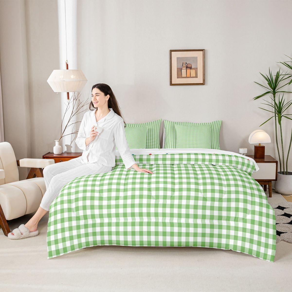 Feelyou Green Gingham Comforter Set Twin Size 7 Pieces Modern Style Checkered Pattern Bedding Set Boys Girls Boho Grid Plaid Bed in a Bag with Comforter, Sheets, Pillowcases, Cushion Covers