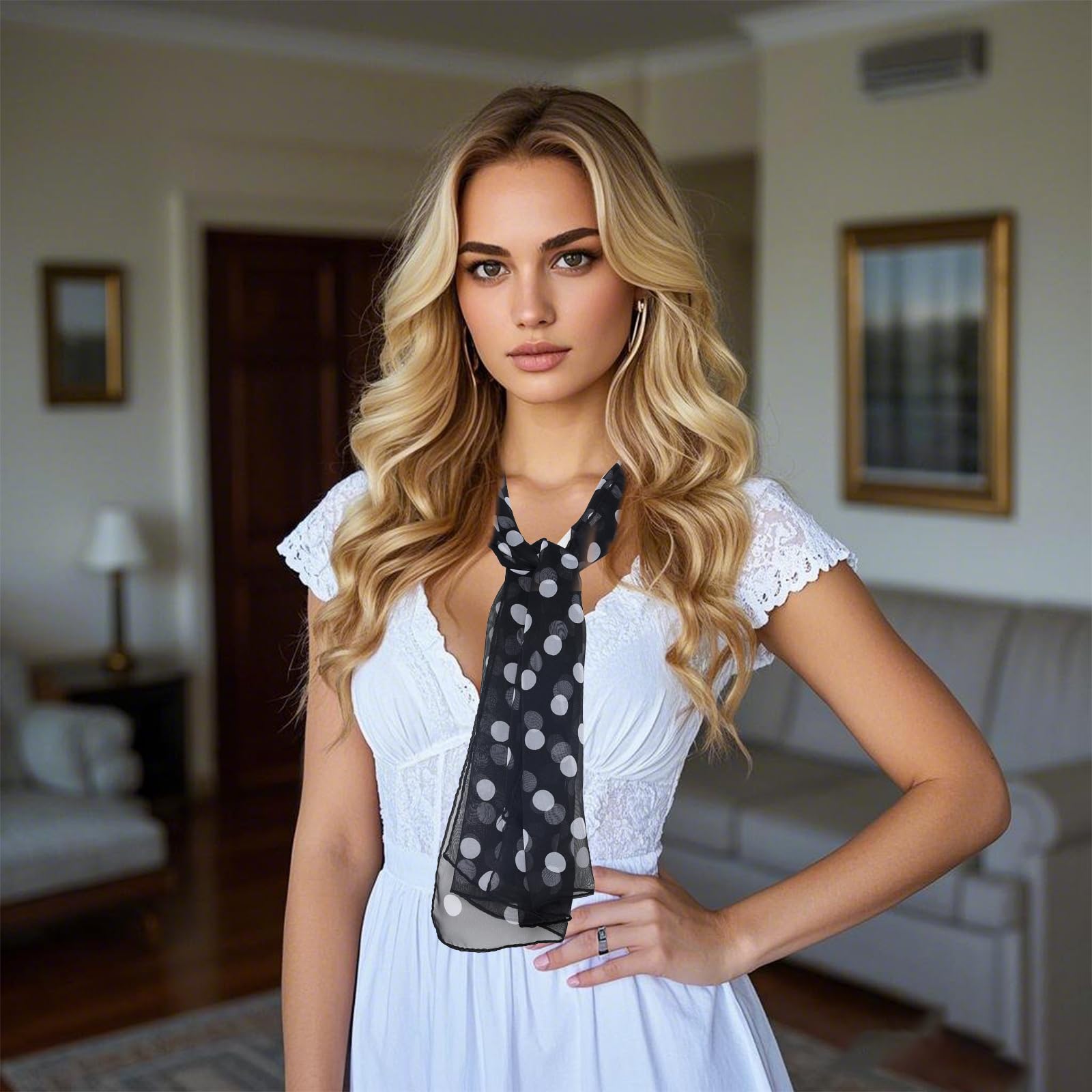 Hftjtsa Red and Black Polka Dot 50s Chiffon Scarf Sheer Square Ribbon Neck Head Scarf for Women Fashion Headwrap Tie Scarves (Polka Dot-black White)