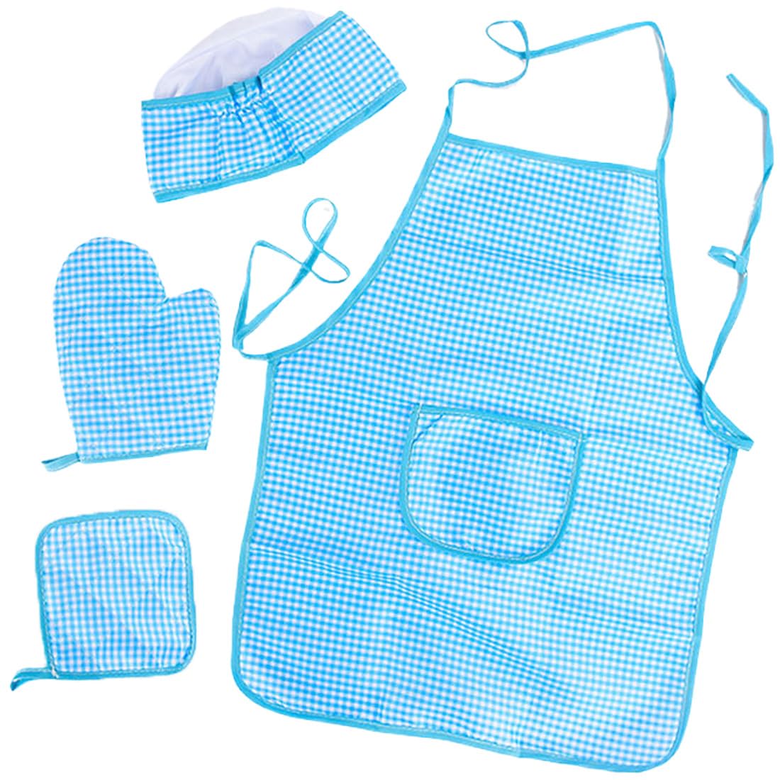 Juego Chef para Niños, Ajustable Niños Delantal Cocina con Gorro de Chef, Manopla de Cocina para Niños, Tapete Resistente al Calor para Niños y Niñas de 3 a 8 Años (Azul)