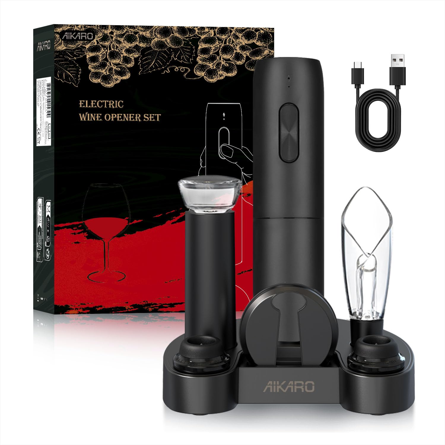 AIKARO - Cavatappi Elettrico Apribottiglie Elettronica Automatico per Vino, Ricaricabile (Set C)