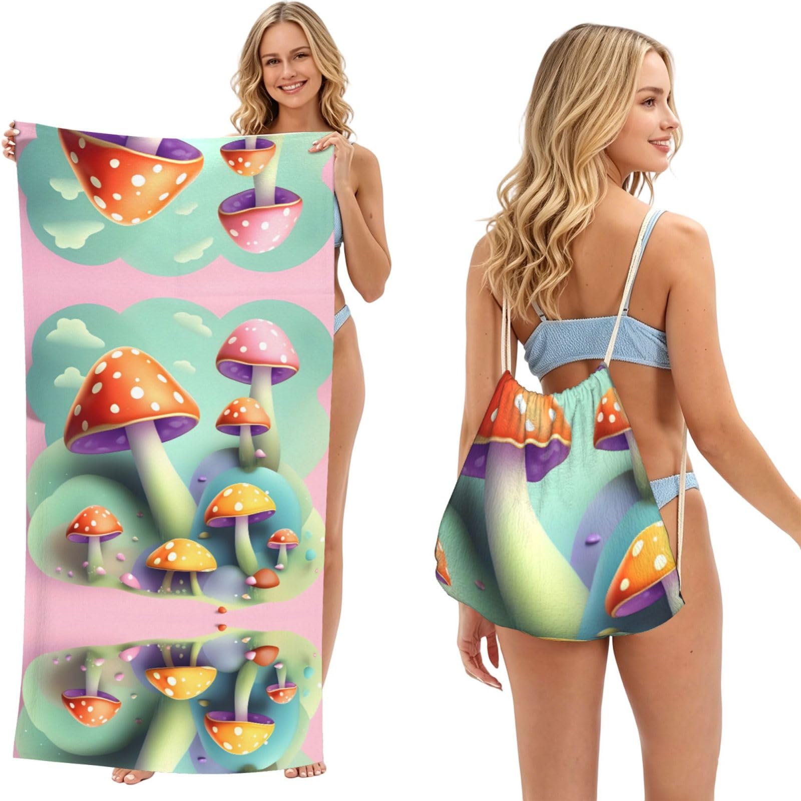 SXZVVBN Dreamy Little Mushroom 2-in-1 Beach Towel Bag, Quick Dry Sand Free Travel Towel Backpack for Adults