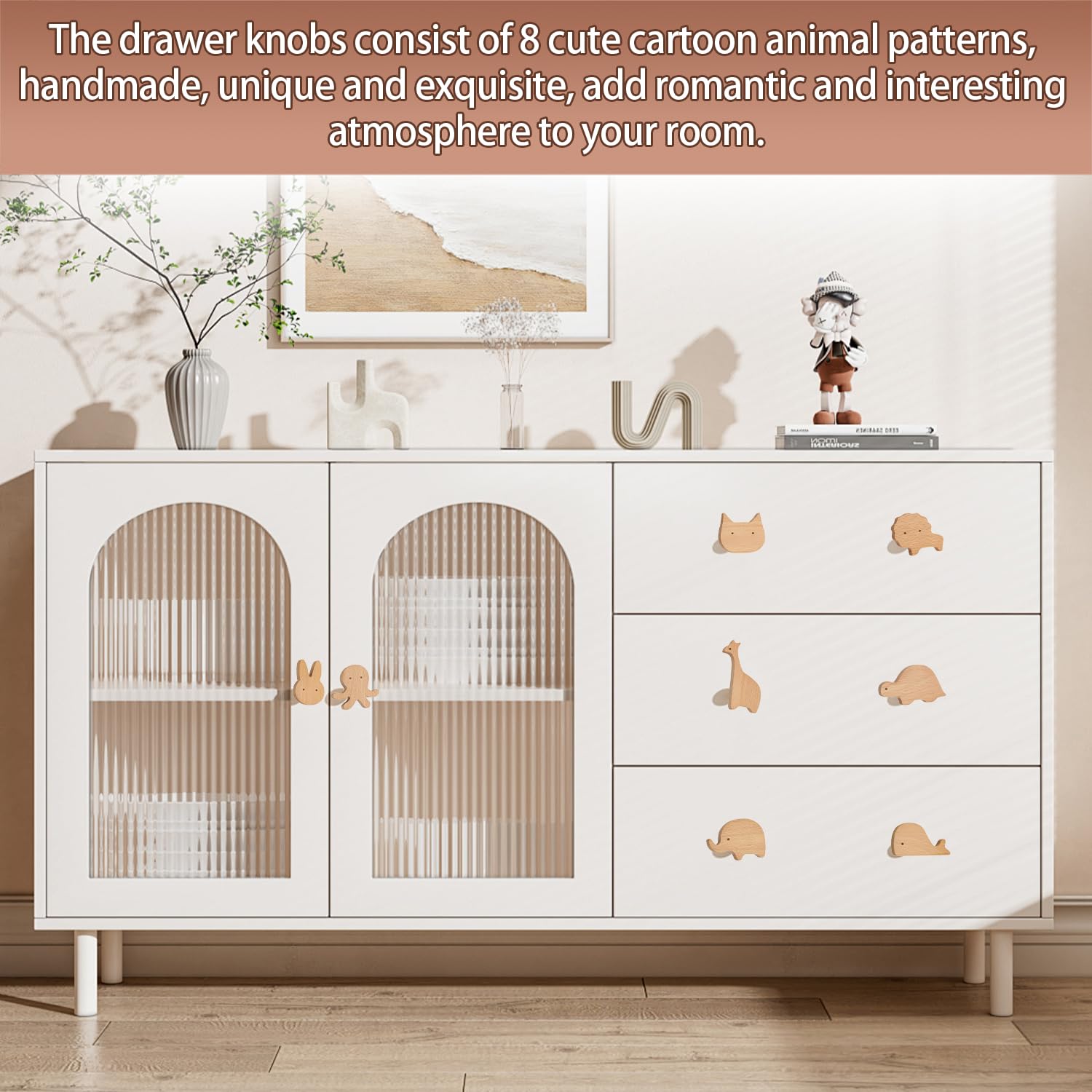 Boutons en bois pour armoire, Lot de 8 Poignées de Meuble en Bois Animals, Poignées animales pour meubles d'enfant, Boutons de meubles en bois, Bouton Meuble Enfant, Convient pour maison cuisine