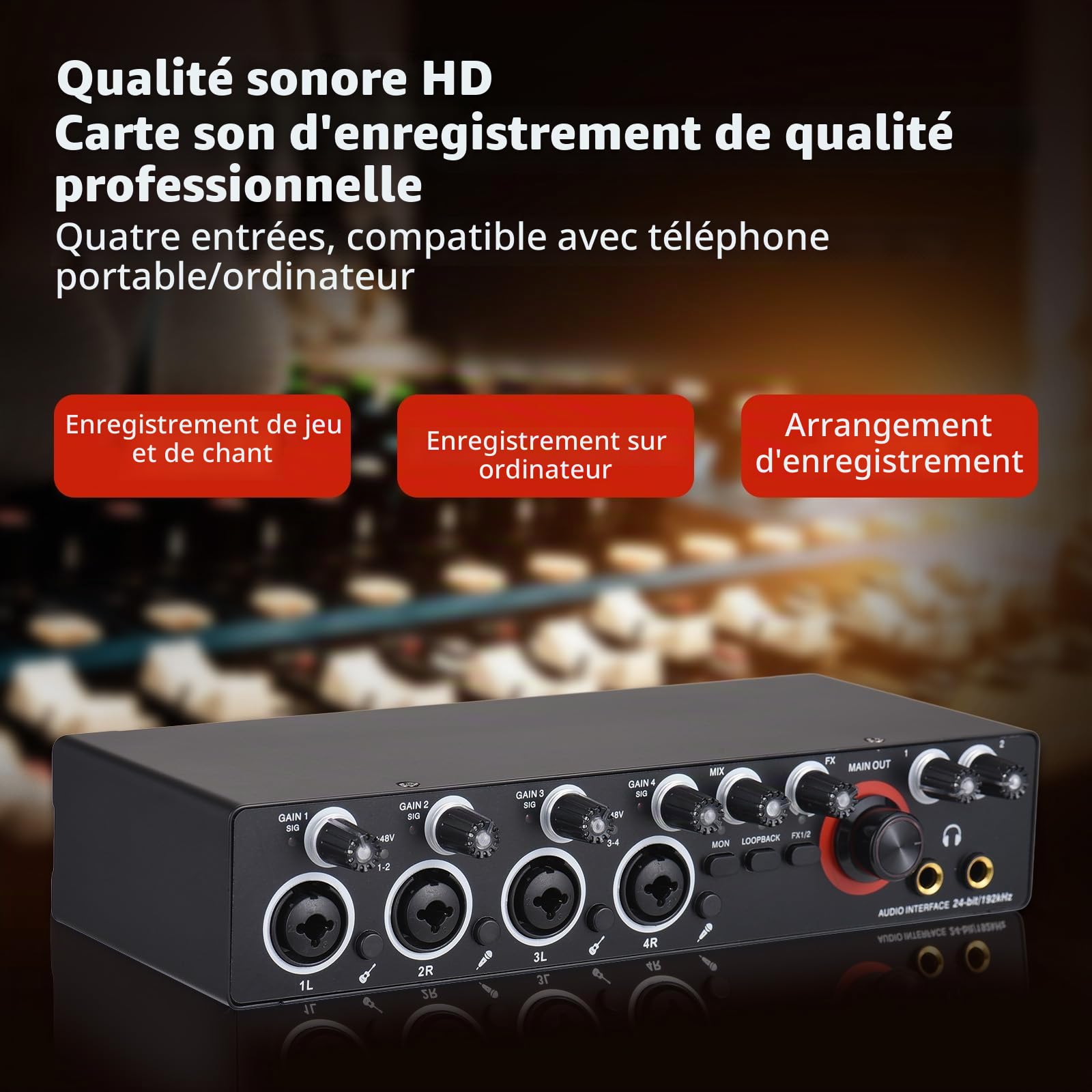 Carte son d'enregistrement 4 canaux avec interface audio sans pilote, carte son USB 4 entrées 4 sorties, alimentation fantôme 24 bits/192 kHz 48 V pour l'enregistrement professionnel de karaoké