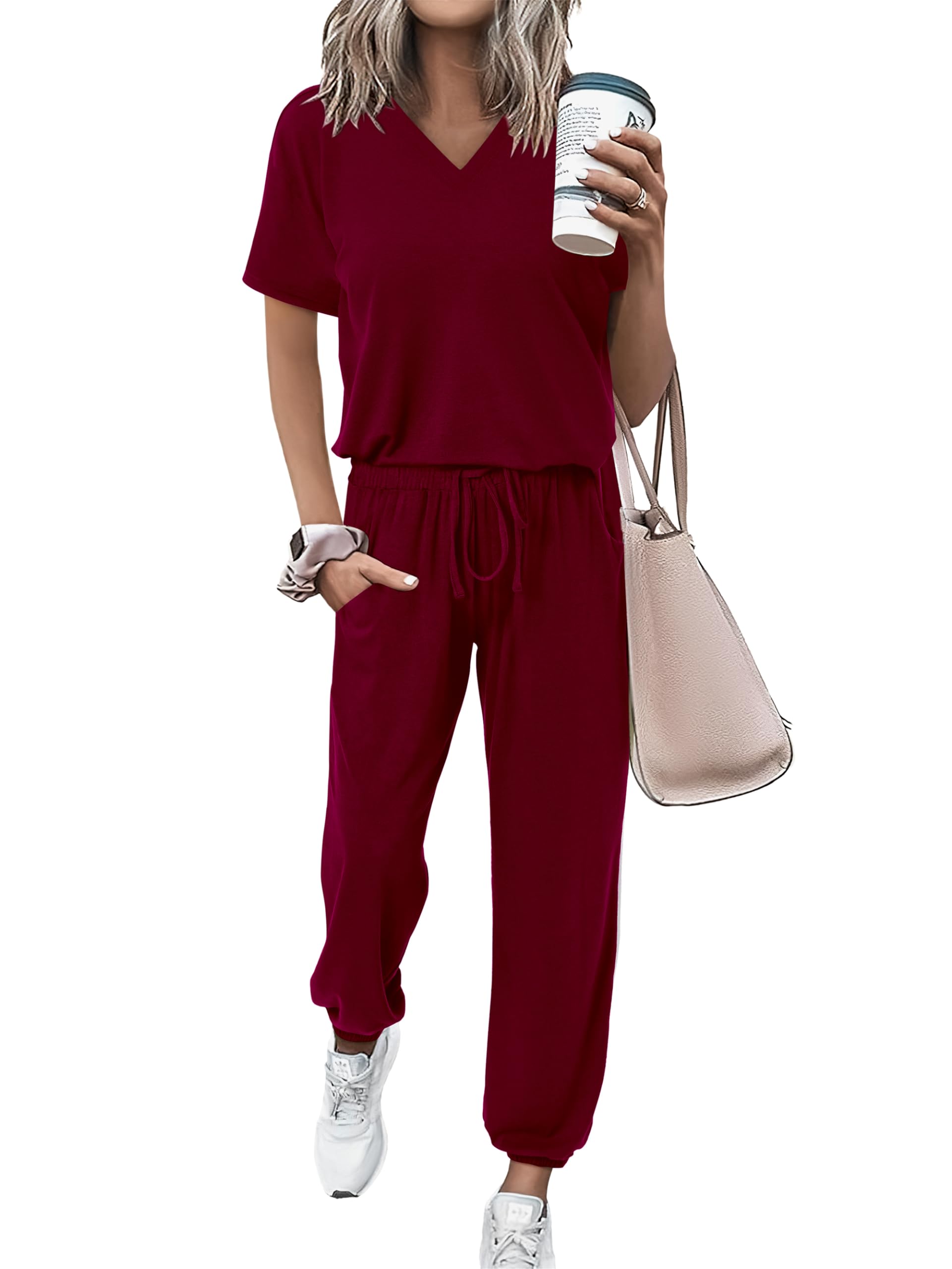 MASCOMODA Womens 2 Piece Outfits Summer Casual V Neck Short Sleeve Tops Long Pants Tracksuit Lounge Jogger Set with Pockets