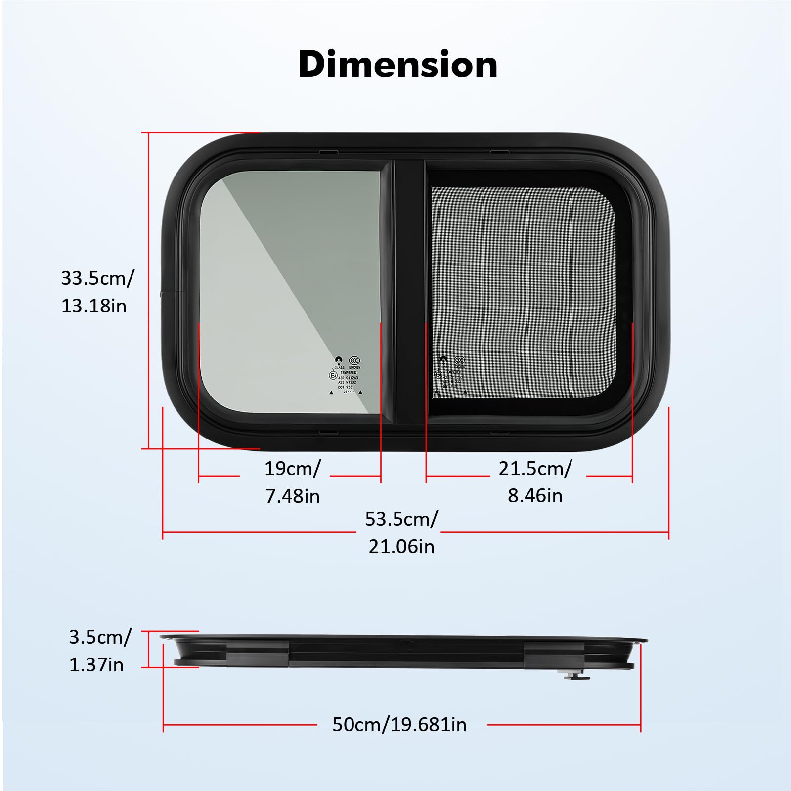 GEARMONSTER Finestra laterale per camper e roulotte, colore nero, 500 x 300 mm, con schermo, vetro temperato per rimorchi