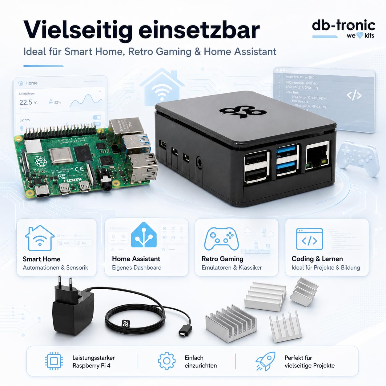 db-tronic OKdo Raspberry Pi 4 Model B Kit de démarrage 4 Go - Bloc d'alimentation 15 W - Boîtier noir - Dissipateur thermique - Idéal pour la maison intelligente, le jeu rétro et l'assistant à