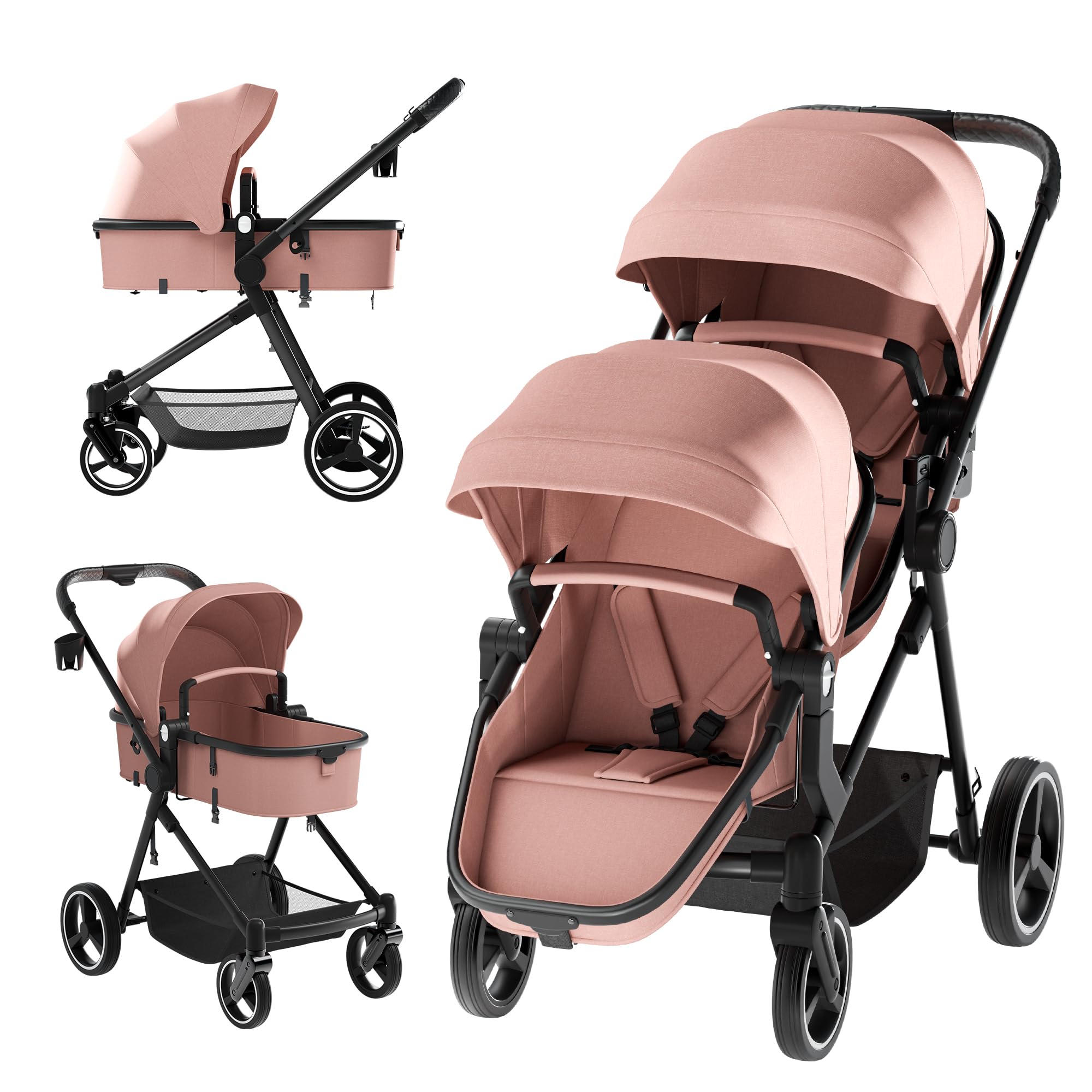 Double Stroller for Twins and Toddlers, Lightweight Aluminum Foldable Twin Stroller with Adjustable Backrest, Reversible Seat, 5-Point Harness, Storage Basket (Pink) : Pet Supplies