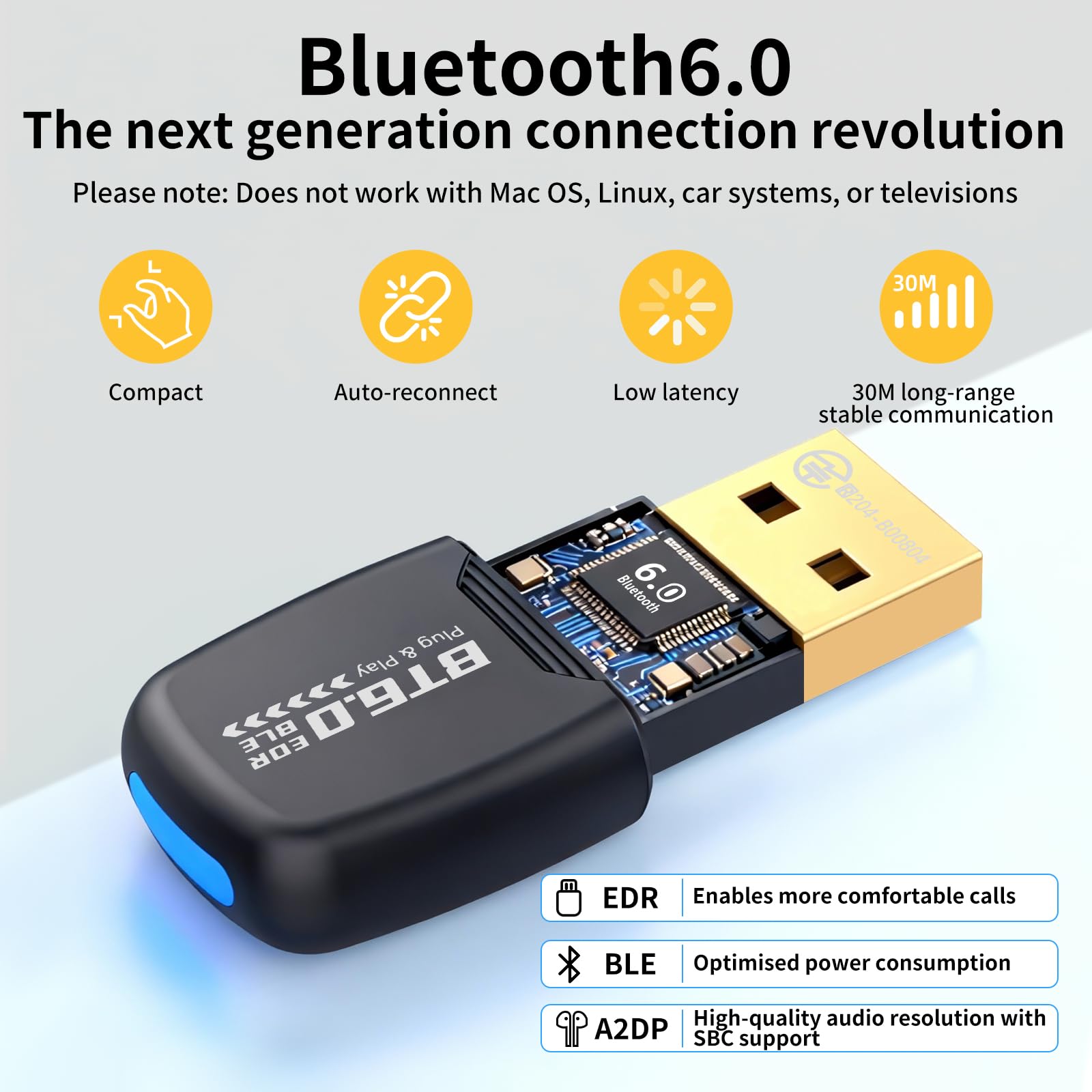 Adaptateur Bluetooth USB 6.0 EDR & BLE pour PC Design compact Plug & Play Compatible avec Windows 8.1/10/11 Récepteur Bluetooth et émetteur pour clavier/souris/casque/haut-parleurs/imprimante