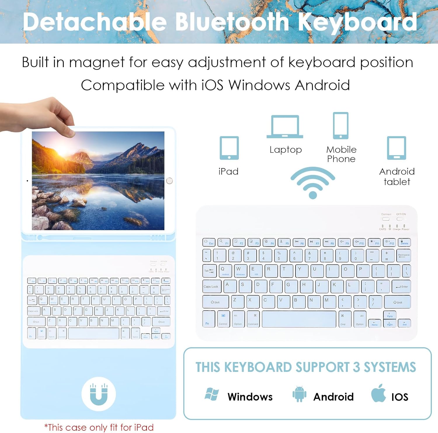 LAMA Keyboard Case for iPad 9.7 inch 2018 (6th Gen)/ 2017 (5th Gen)/2016 iPad Pro/Air 2/1, Detachable - Wireless Keyboard Cover with Pencil Holder for iPad 9.7 inch, Auto Sleep/Wake, Marble Blue