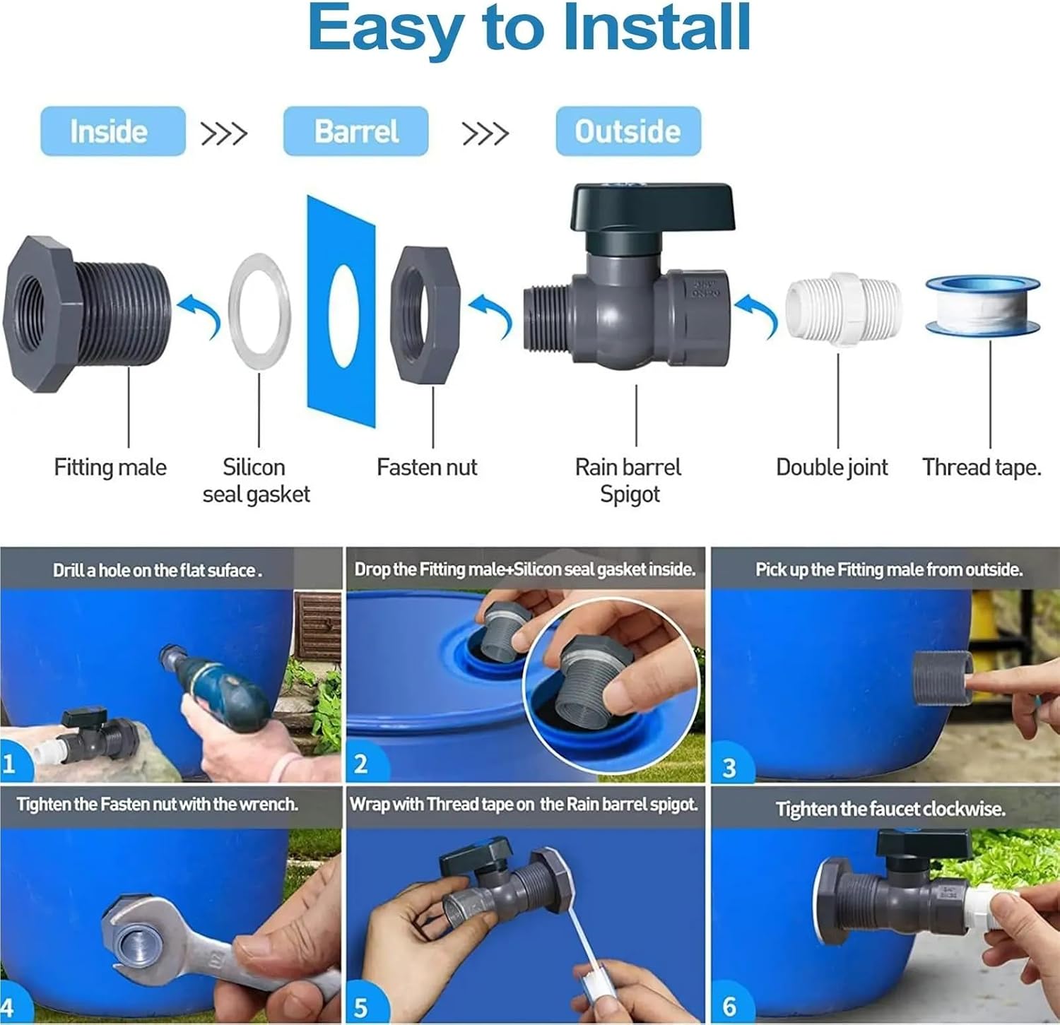 PVC Rain Barrel Diverter Kit, 3/4 Inch Valve, Spigot with Bulkhead Fitting Leak-Proof Adapter