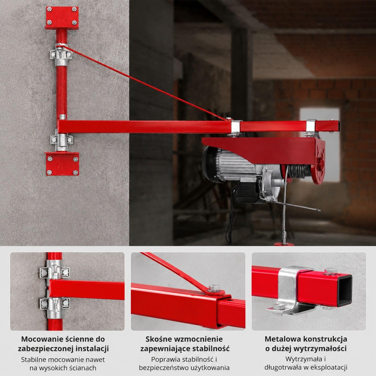Ramię podporowe do podnośnika elektrycznego ze stali węglowej, udźwig 600 kg, obrót 180°, do warsztatu i garażu