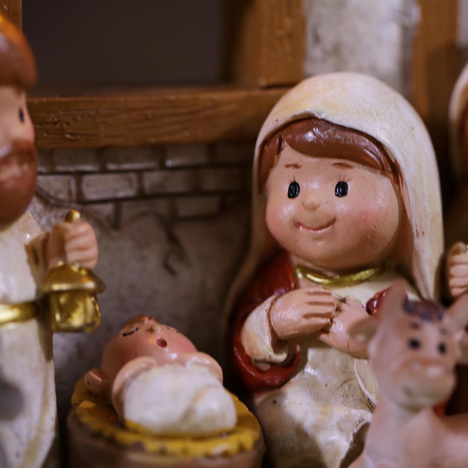 Fenteer Ensemble de Crèche de Noël en Résine Religieuse Miniature, Crèche de Noël, Polyrésine, Ornement de Dessin Animé avec Lumière, Décoration de Noël