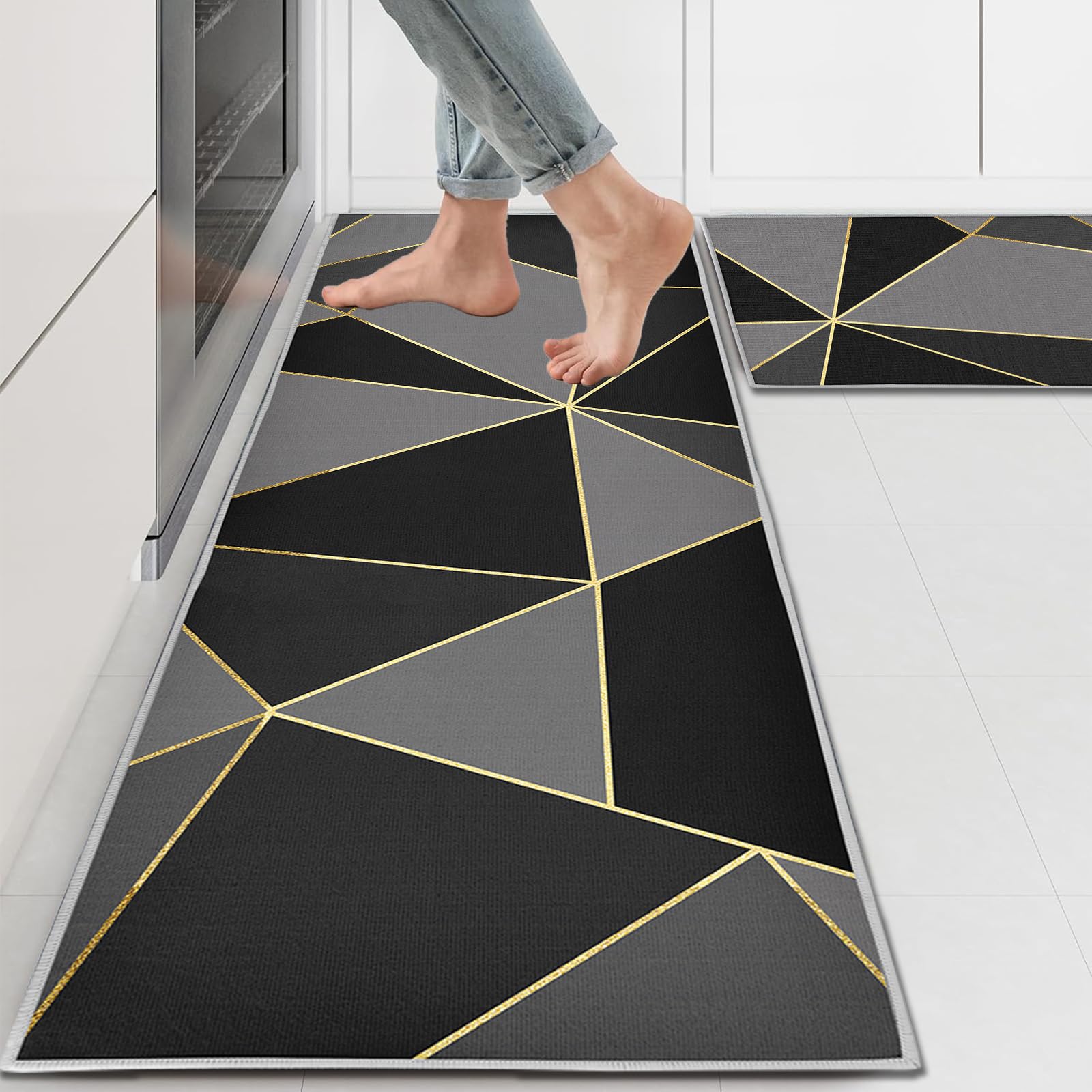 Set di 2 tappeti da cucina, Geometria passatoia cucina,tappeto cucina antiscivolo lavabile per cucina, lavanderia, soggiorno (Geometrico, 43x150cm+43x75cm)
