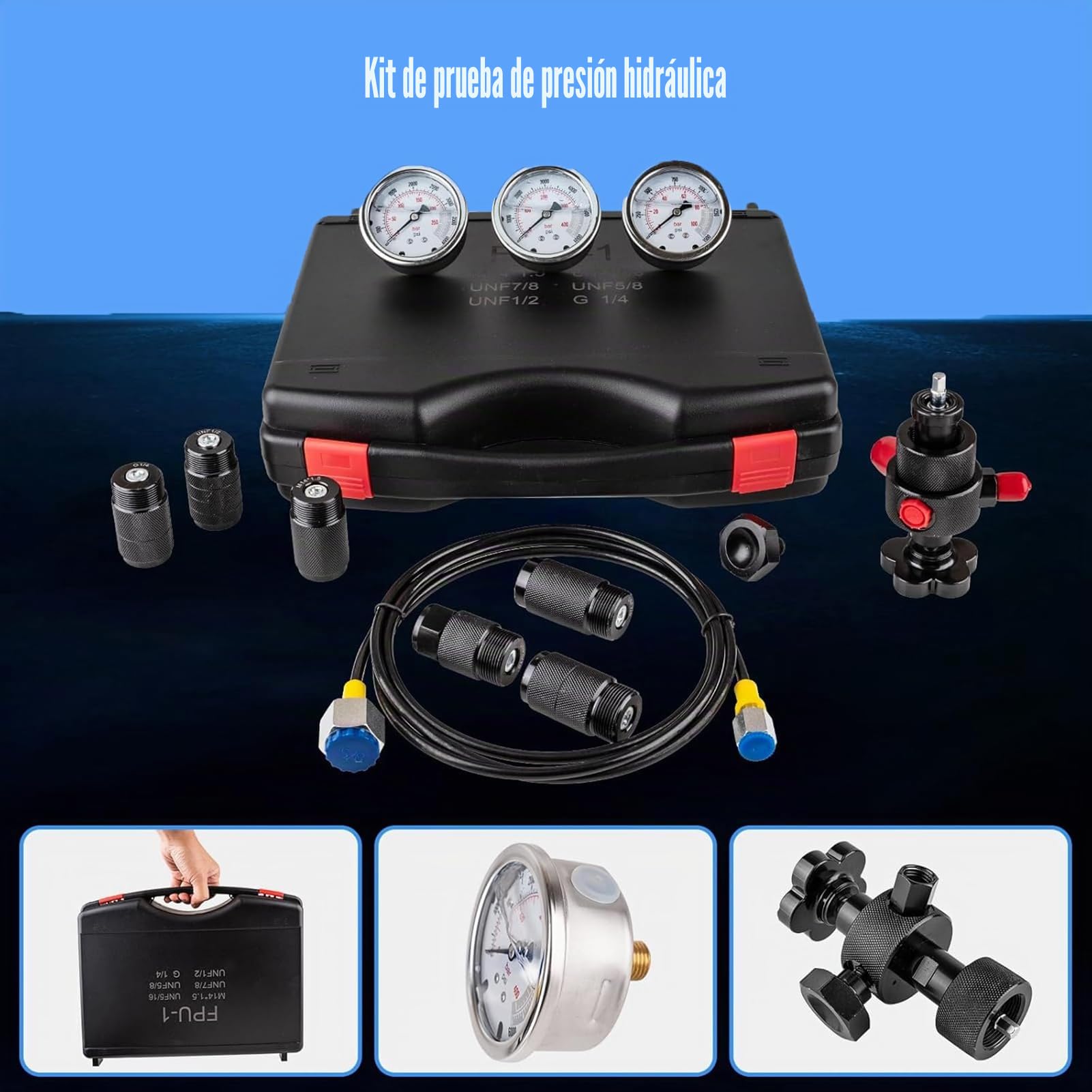 Kit De Carga De Acumulador De NitróGeno HidráUlico, HidráUlico del Acumulador De NitróGeno, Sistema De Prueba De PresióN con 3 ManóMetros, 7 Acoplamientos y 1 Manguera De Gas