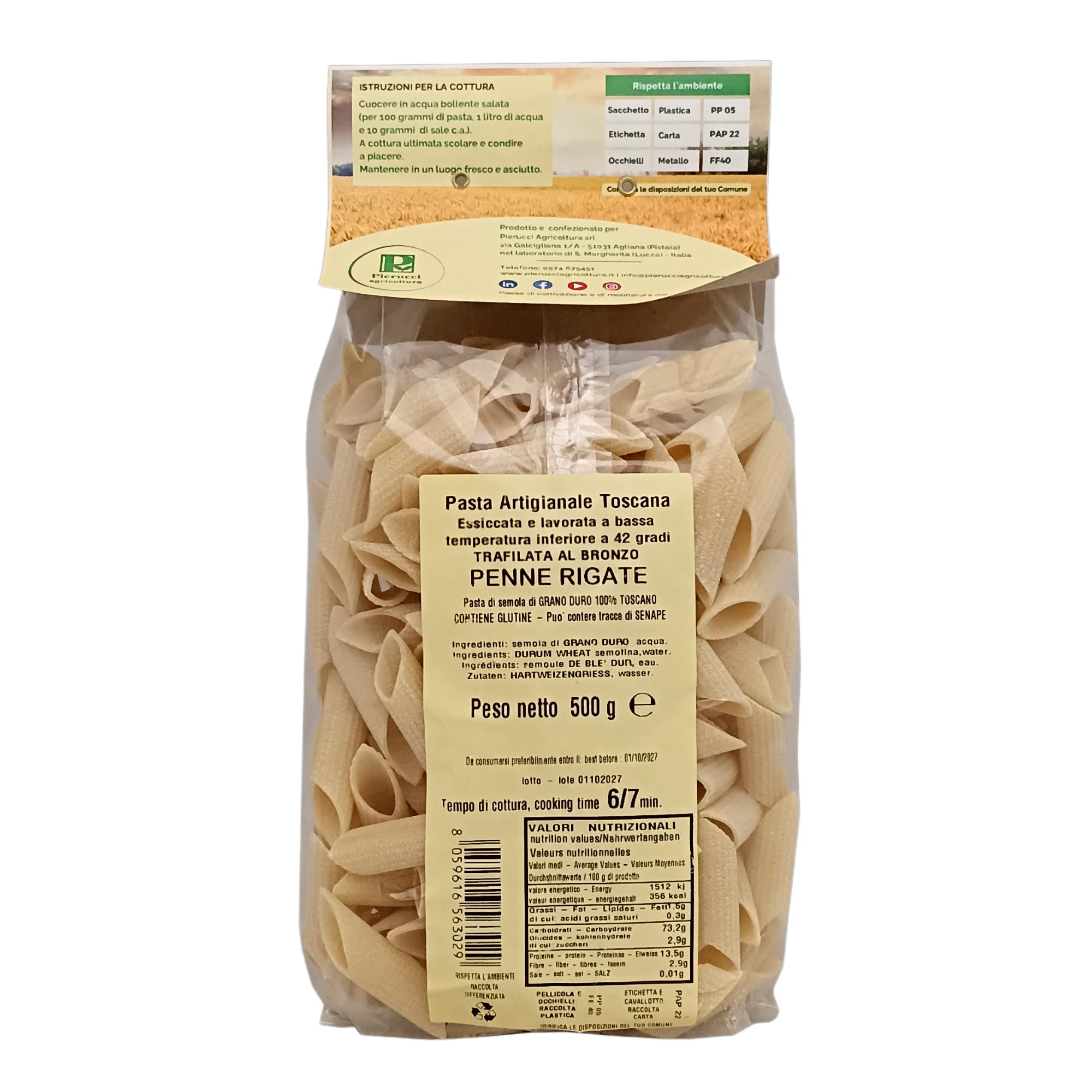 Pag Penne rigate - Pasta artigianale toscana Trafilata al bronzo 100% Grano italiano - 12 confezioni da 500 g