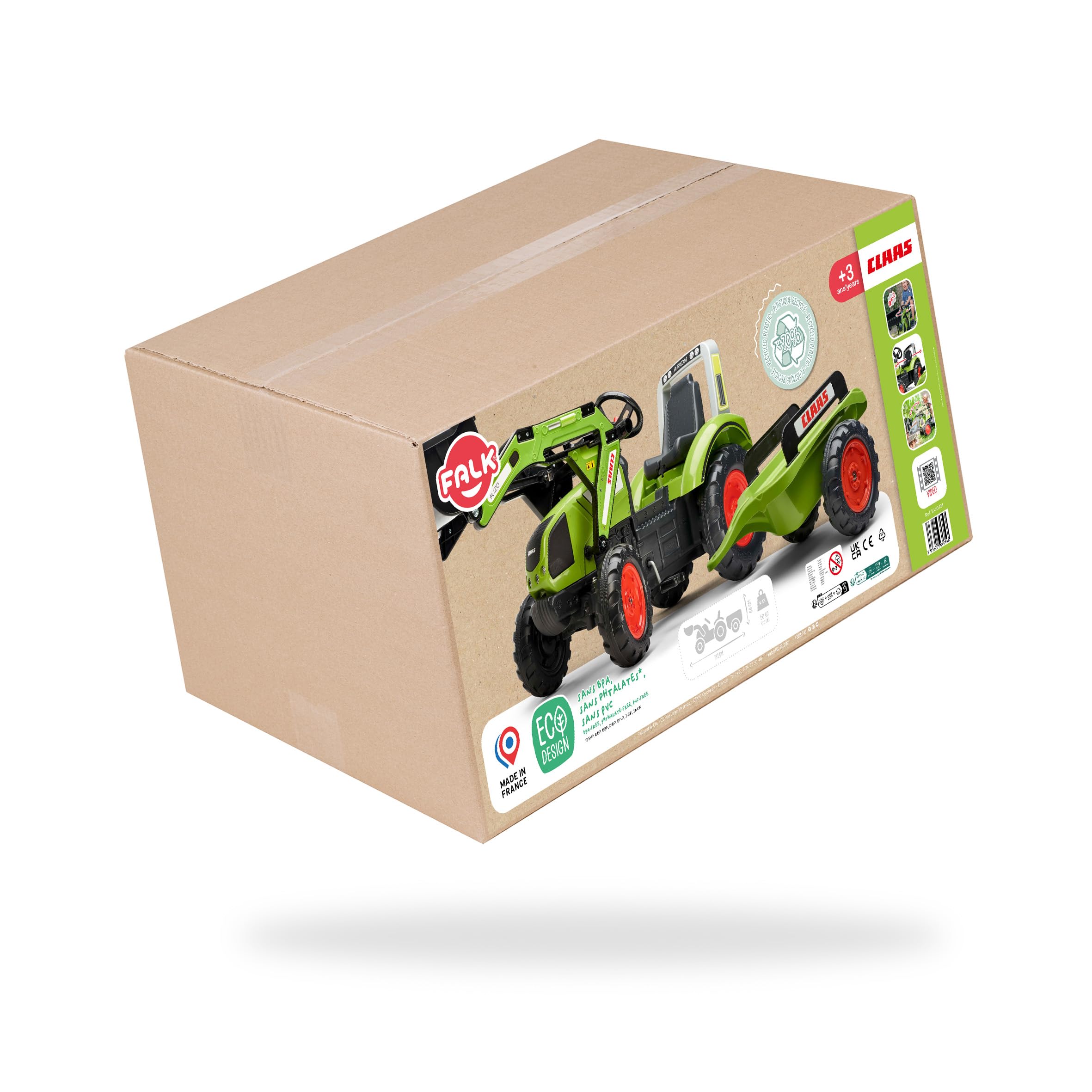 Falk - Tractoplader mit Pedalen Claas mit und Anhänger – ab 3 Jahren Schaufel vorne mit Gelenk – Sitz verstellbar – 1040AM, grün
