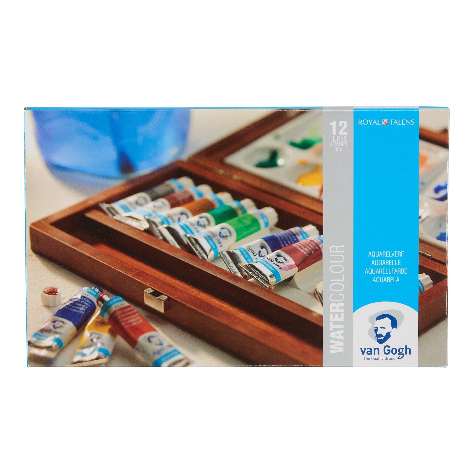 Van Gogh Set de peinture aquarelle, boîte en bois, 12 tubes + 3 accessoires