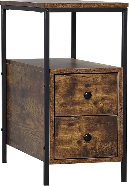 HOMCOM Side Table with 2 Drawers and Storage Shelf, Narrow End Table Bedside Table with Metal Frame for Small Spaces, Rustic Brown
