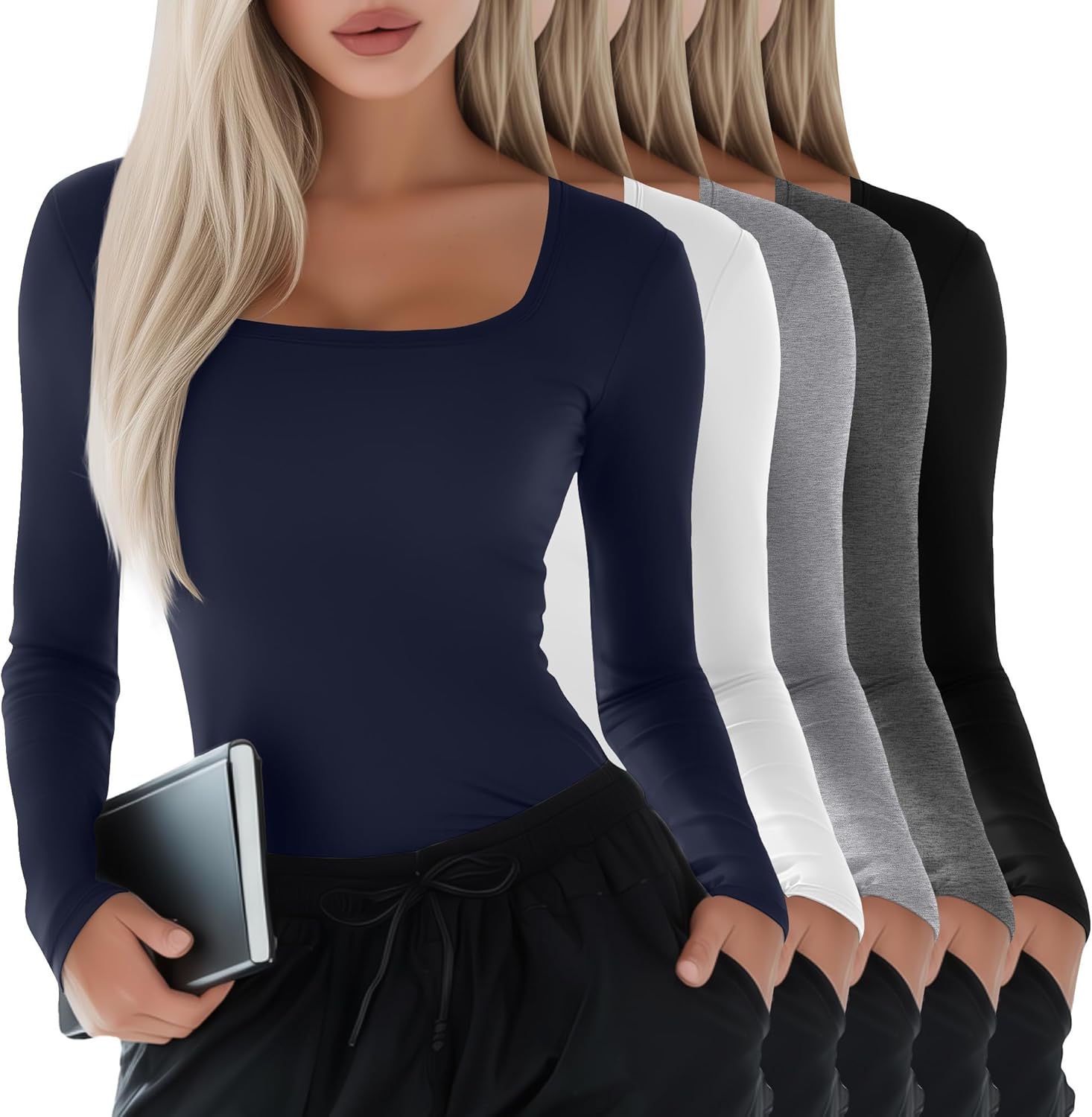 Oakgarden 5 Pack Womens Underscrub Shirts Long Sleeve Square Neck Slim Fit Tops Basic Layering Undershirts for Nurse