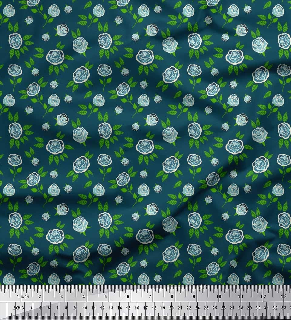 Soimoi Blau Kunstseide Stoff – Hemdenstoff Mit Blumen & Rosen, 42 Zoll Breit, Meterware