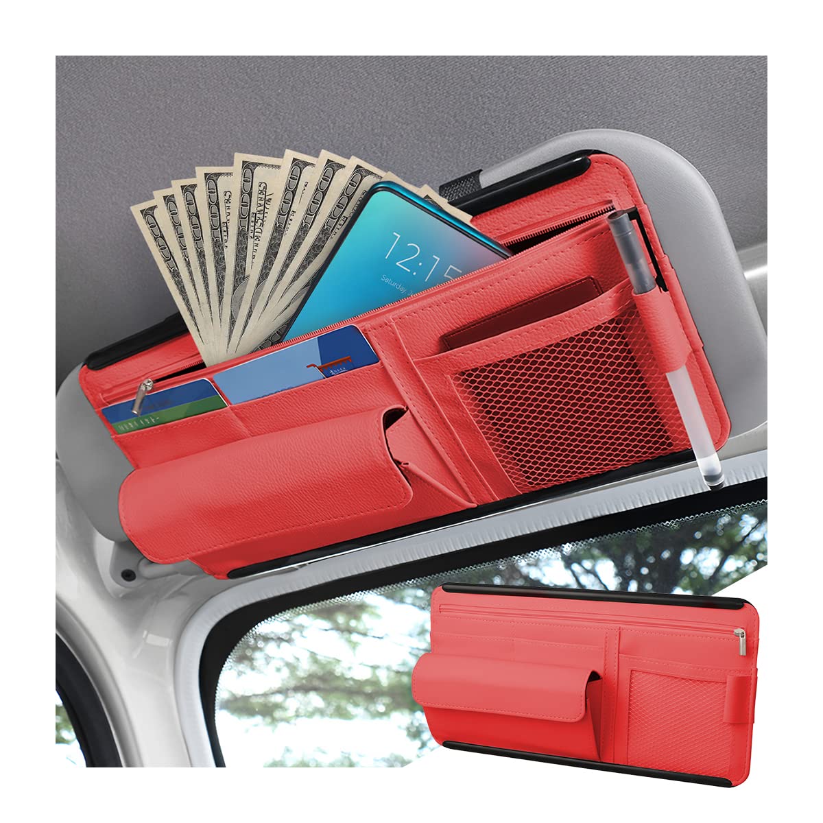Car Sun Visor Organizer, Car Visor Pocket Wallet Pouch Holder, Vehicle Sunshade Glasses Case Storage Bag with Multi-Pocket Net Zipper, Auto Interior Accessories Universal for SUV Truck Van (Red)