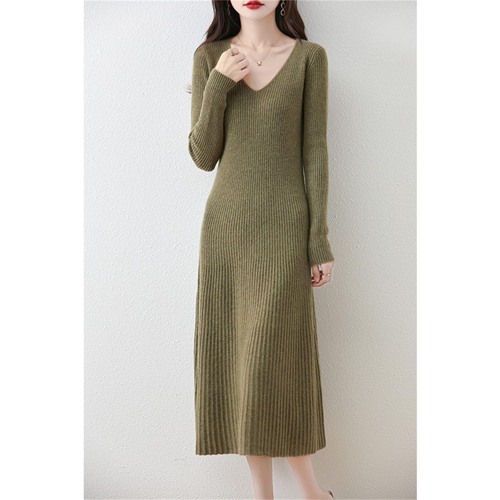 Amazon.com: WBRSybUS Wool Sweater Dress Women's Mid-Length Slim Fit V-Neck  Long Sleeve Pullover A-line Knitted Long Dress,M,Green : Clothing, Shoes &  Jewelry
