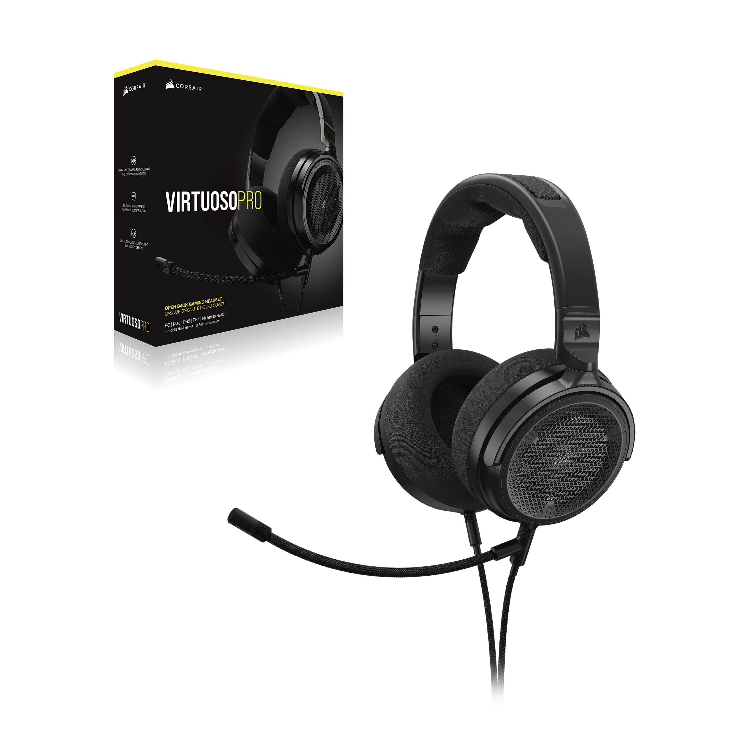 Corsair Virtuoso Pro Auriculares con Cable y Parte Posterior Abierta para Juegos - Micrófono Unidireccional Extraíble - Transductores de Audio de Grafeno 50mm - Carbon