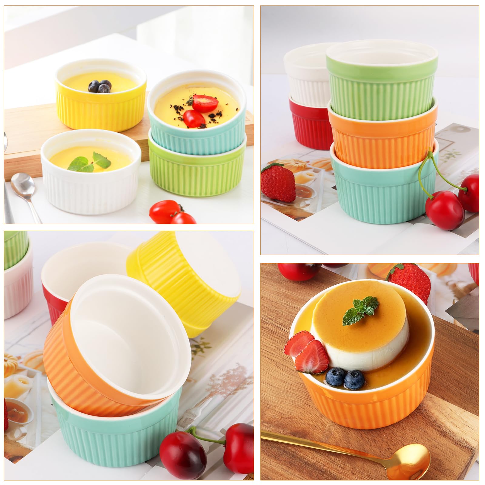 Souffle - Juego de 12 moldes para horno (200 ml, cerámica para hornear y servir, mini moldes de porcelana multicolor para postres, magdalenas, pasteles)