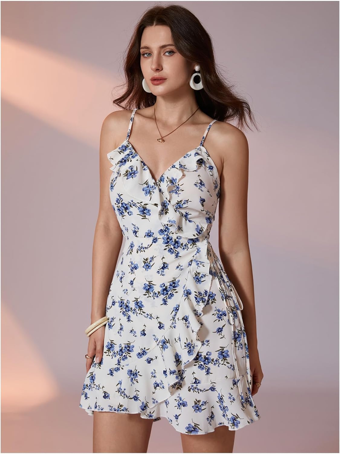 Floerns Women's Floral V Neck Ruffle Trim Cami Dress Tie Wrap Vacation A Line Dresses - Image 3