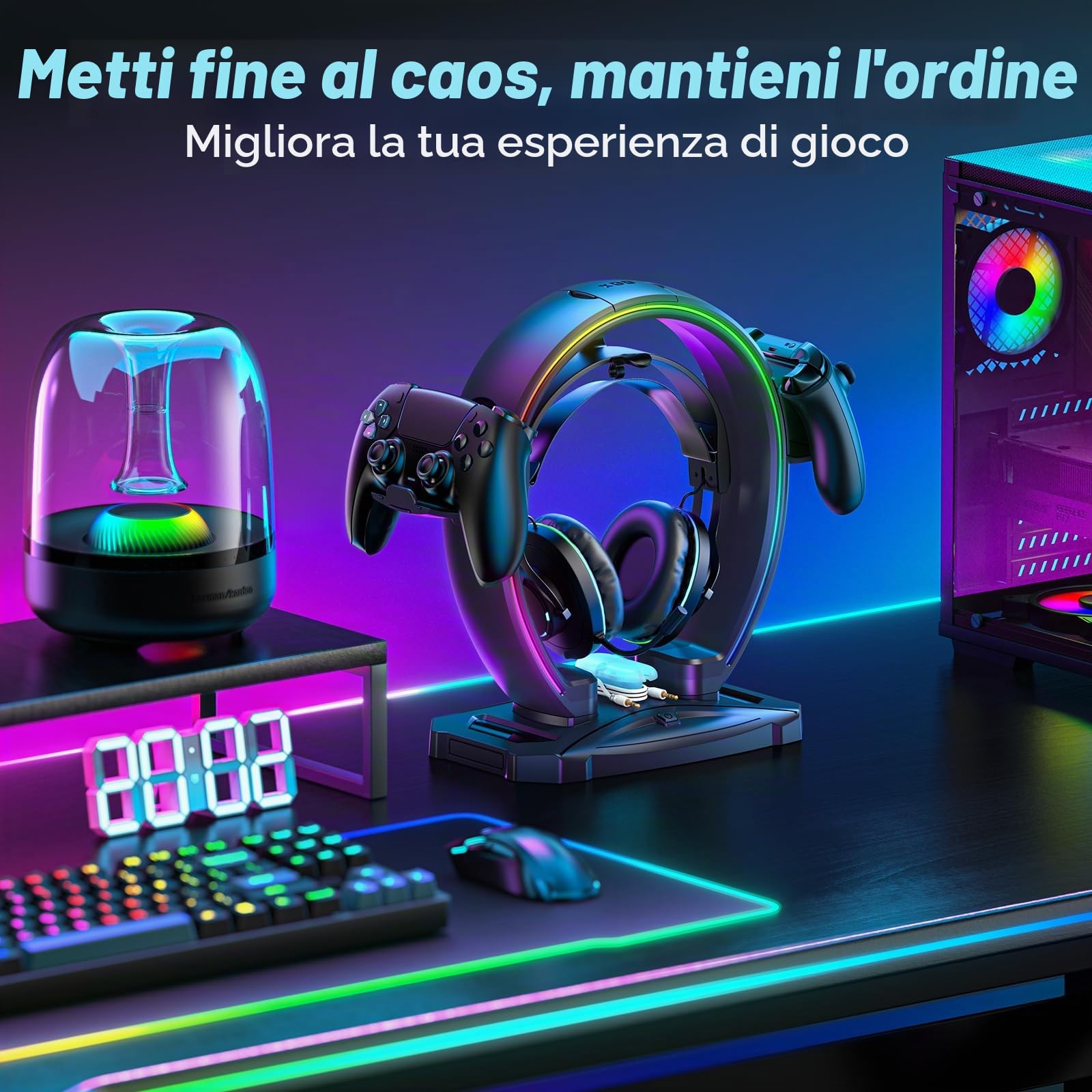KDD Supporto Cuffie & Controller con 9 Modalità di Illuminazione - Supporto Controller Pieghevole per Scrivania - Porta Cuffie con Organizer per Cavi - Accessori da Scrivania per Giocatori