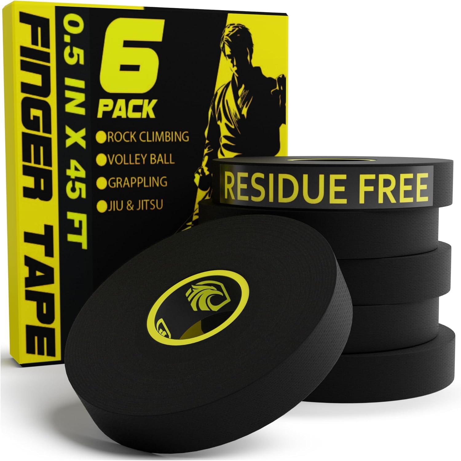Paquete de 6 cintas para dedos, sin residuos, resistentes y respetuosas con la piel, para deportes atléticos, de 0.5 pulgadas x 45 pies, para escalada, artes marciales, voleibol, entrenamiento de