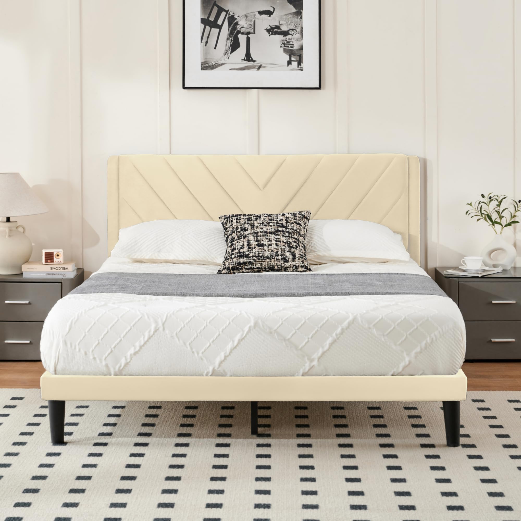Queen Bed Frame with Headboard, Bed Frame Queen Size with Sturdy Wooden Slats Support, Platform Bed Frame with Velvet Upholstered Headboard, Mattress
