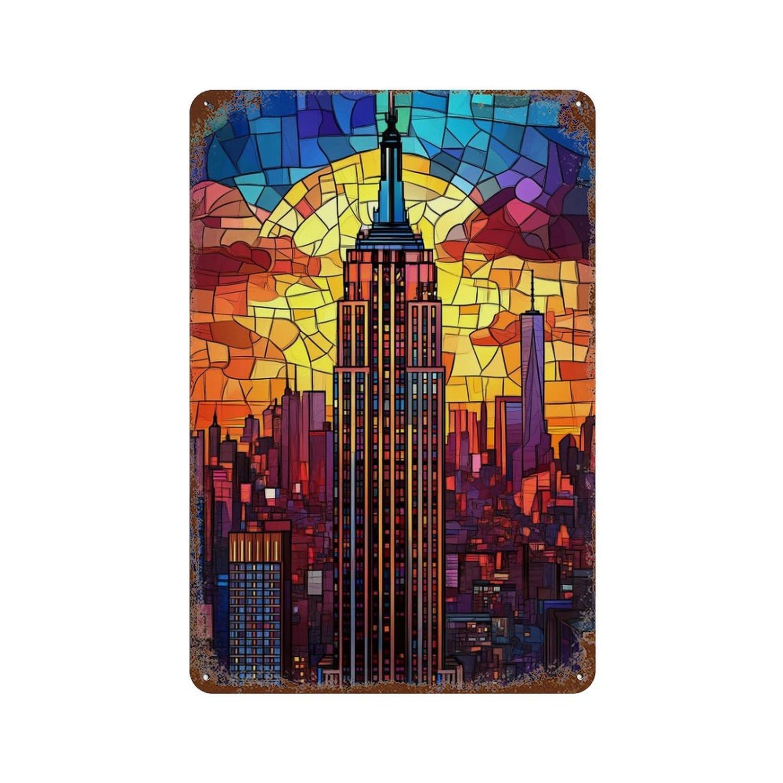 Garage Style Empire State Building Stained Glass Vintage Rust Metal Sign 11.8"x7.9", Shabby Chic Decor for Bar And Workshop