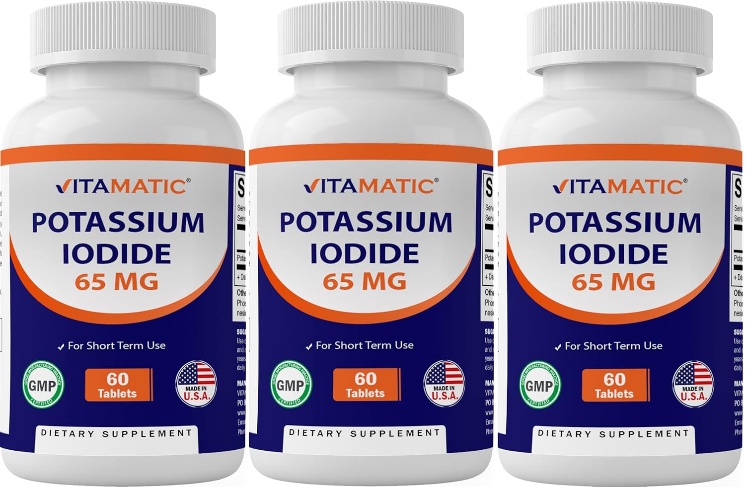 Vitamatic Potassium Iodide 65 mg per Serving - 60 Tablets - Thyroid Support - KI Pills 60 Count Pack of 3