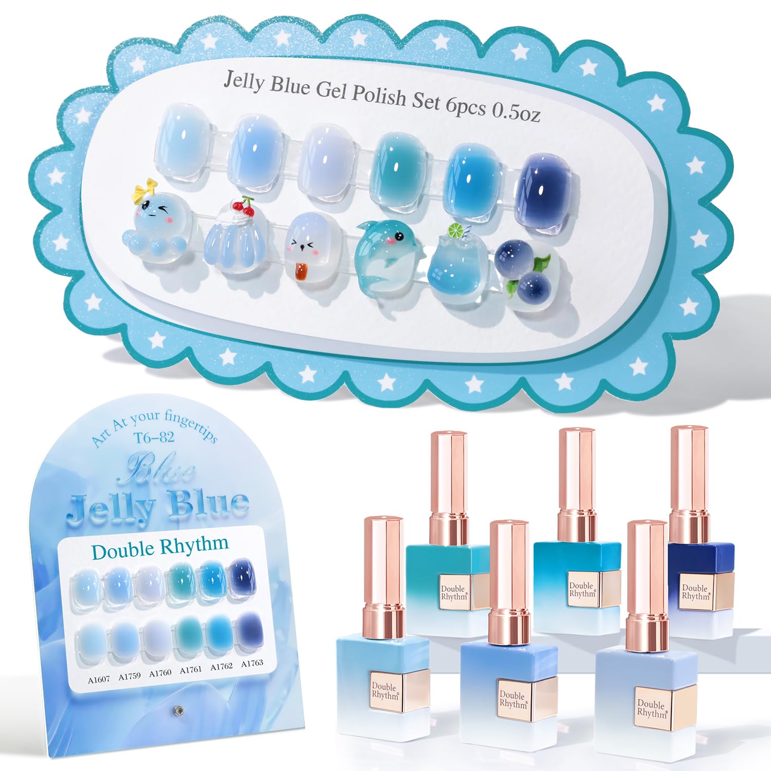 Double Rhythm 6 Pcs 15 ML Gel Polish Set Same Color Same Bottle Soak Off Gel Polish Kit Nail Art Manicure Salon DIY at Home for Women (Jelly Milky Light Dark Blue Navy-T6-82)