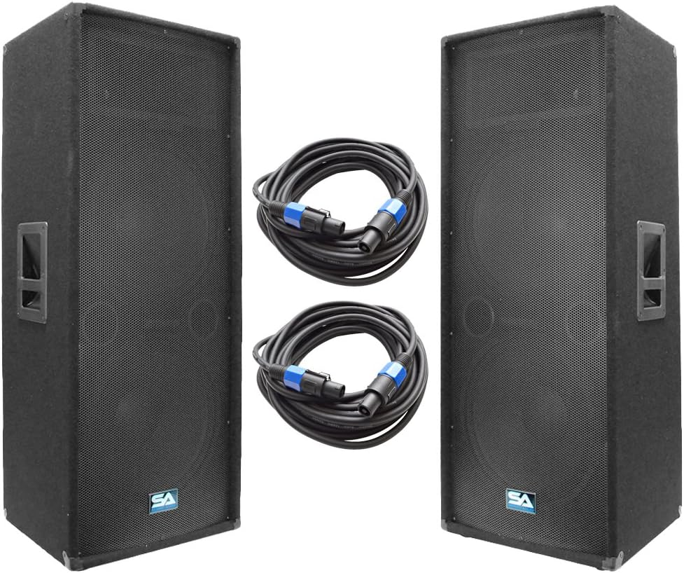 Seismic Audio - SA-155T-PKG22 - Pair of Dual 15" DJ Speakers with Two 35' Speaker Cables - Dual 15 Inch DJ Loudspeakers Club Speakers