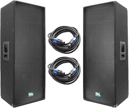Seismic Audio - SA-155T-PKG22 - Pair of Dual 15" DJ Speakers with Two 35 Speaker Cables - Dual 15 Inch DJ Loudspeakers Club Speakers