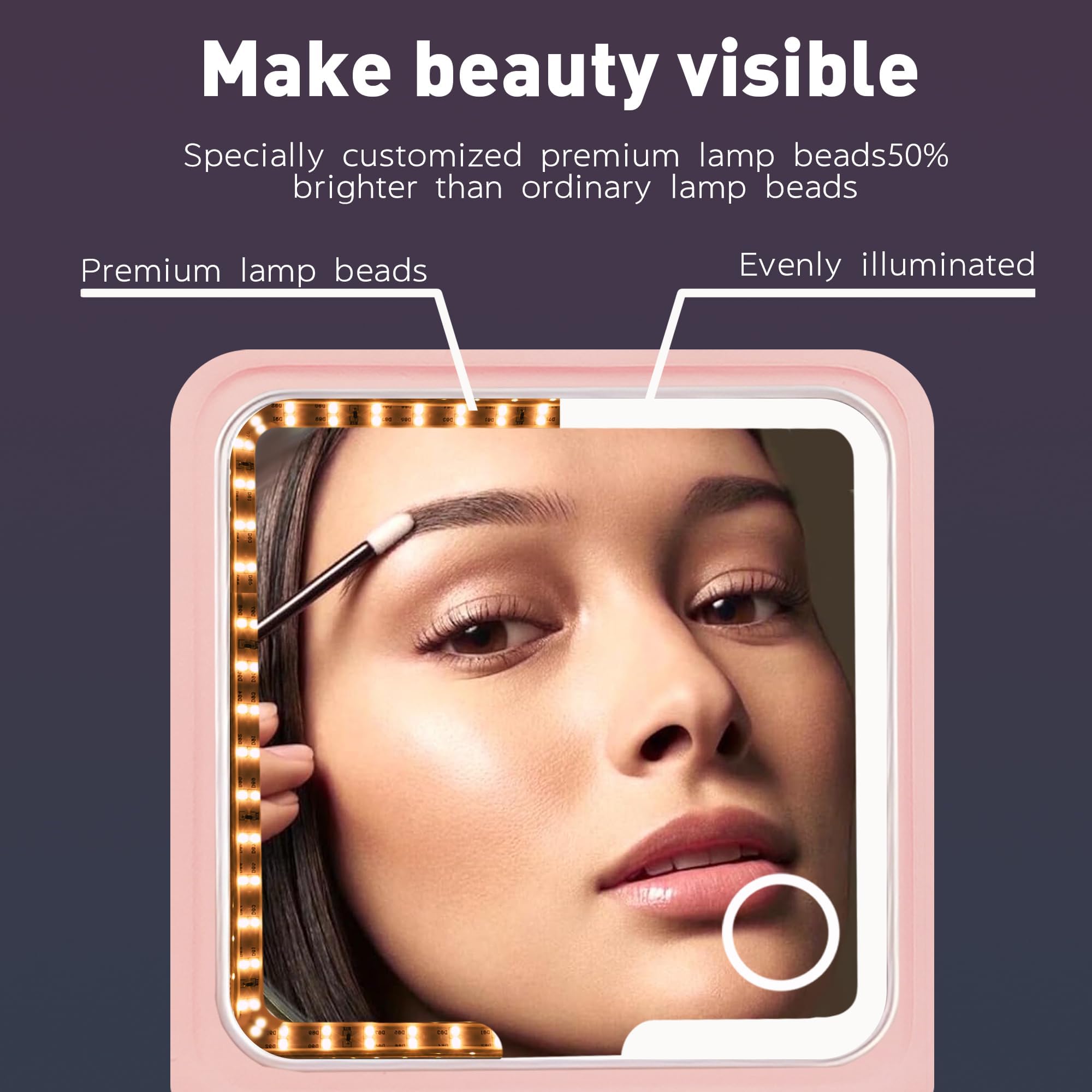 Amysmart Pink PU Leder LED Reise Make-up Spiegel - 1X/5X/10X Vergrößerung, dreifach gefalteter Taschenspiegel, kompakt beleuchteter Handspiegel für Geldbörse & Reisen, kleiner beleuchteter Spiegel für