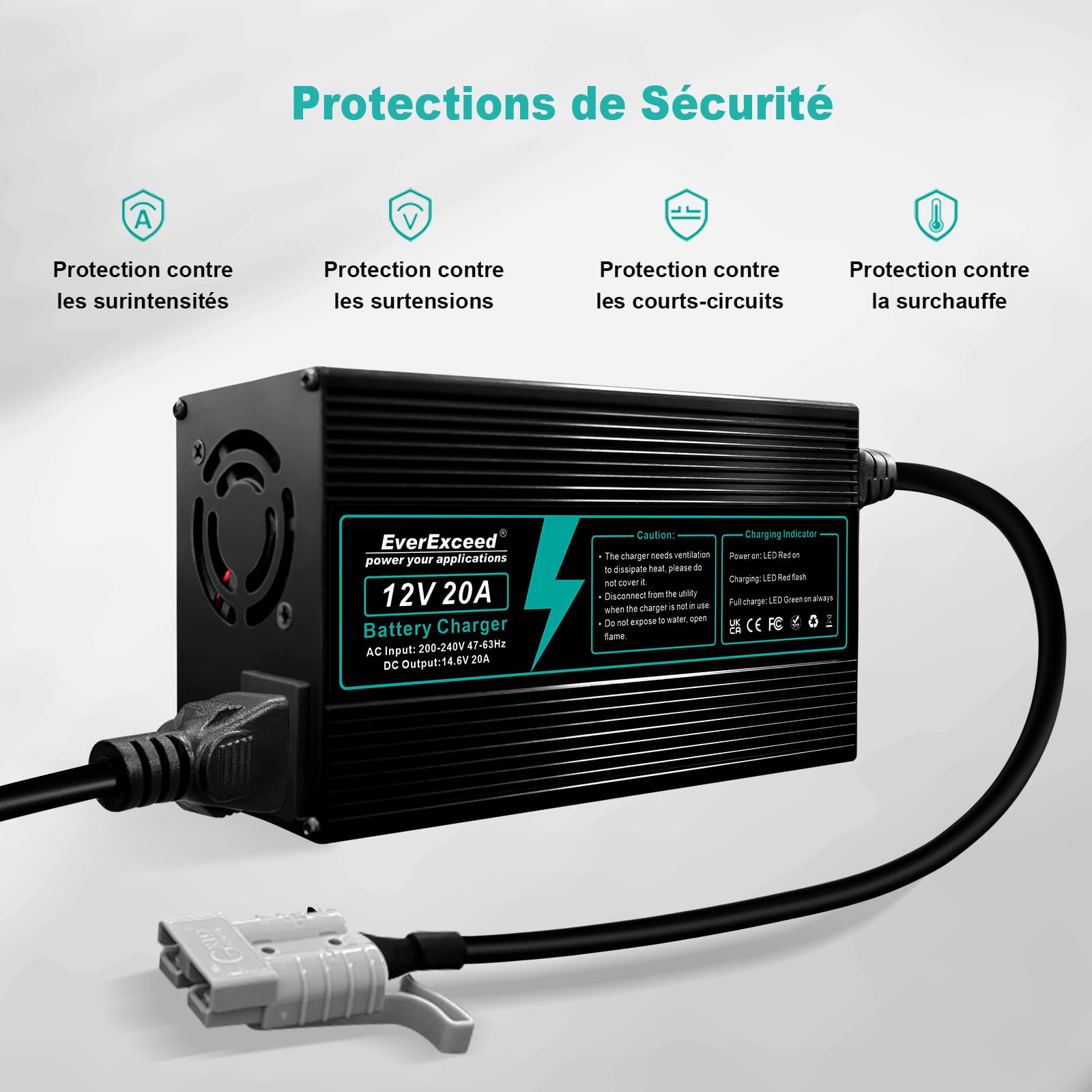 EverExceed Chargeur Lifepo4 12V 20A 14,6V Chargeur Lithium Lifepo4 AC-DC, Chargeur de Batterie Lifepo4 14,6V 20A pour Batterie Lifepo4 au Lithium à Cycle Profond de Voiture, Marine, VR