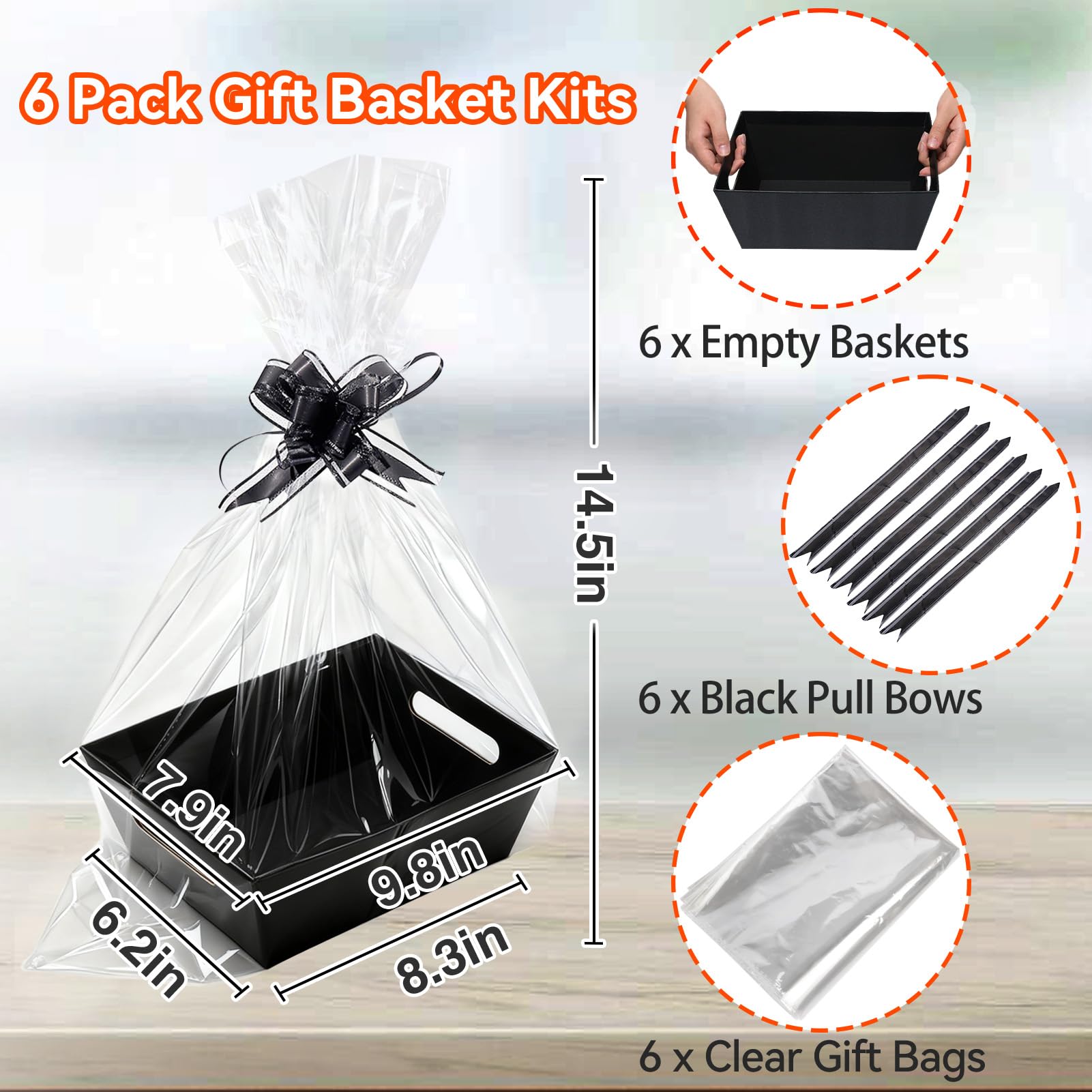 MADHOLLY 6 Set Baskets for Gifts Empty - Sturdy Kraft Graduation Gift Basket Kit with Cellophane Wrap Pull Bows for Men, Father’s Day, Career Promotion, Birthday Gift Wrapping, Black