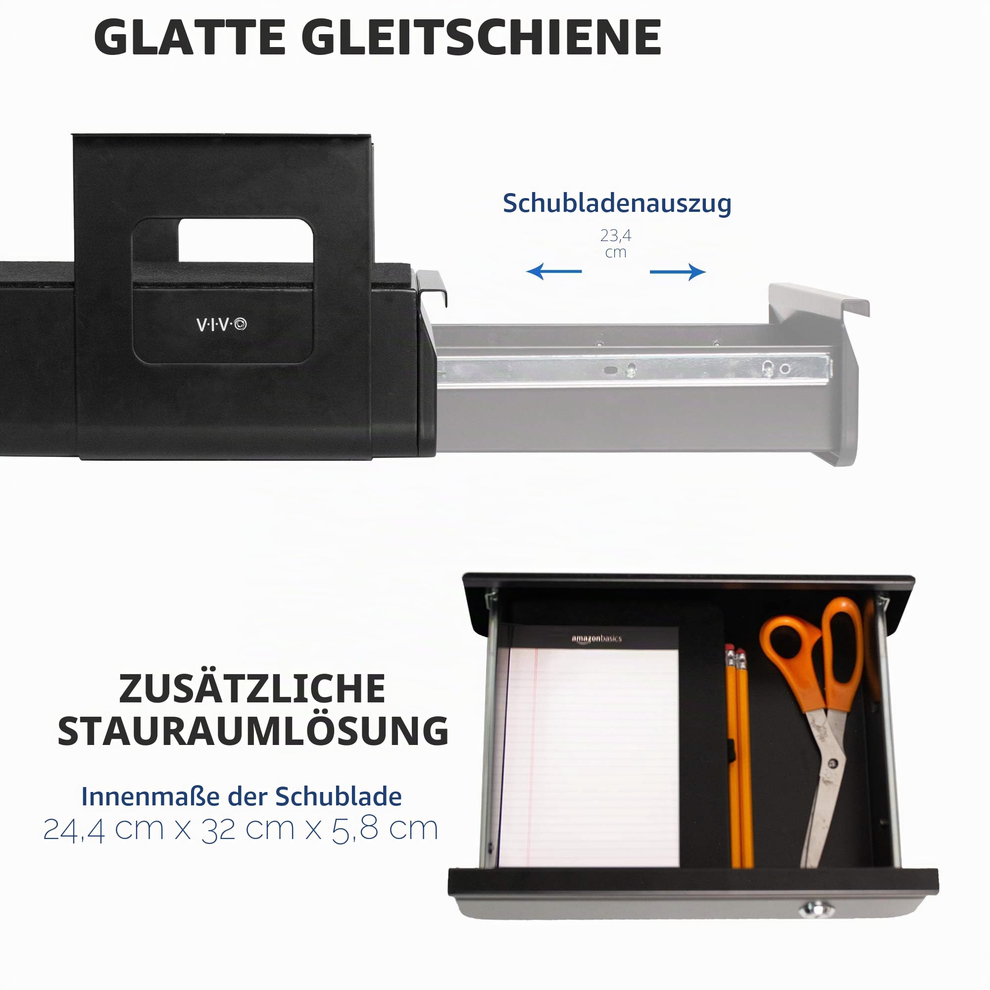VIVO DESK-AC03L-B ausziehbare Schublade für den Schreibtisch, abschließbarer Schiebe-Organizer für Sitz-/Steh-Arbeitsplatz, 33 cm, Schwarz