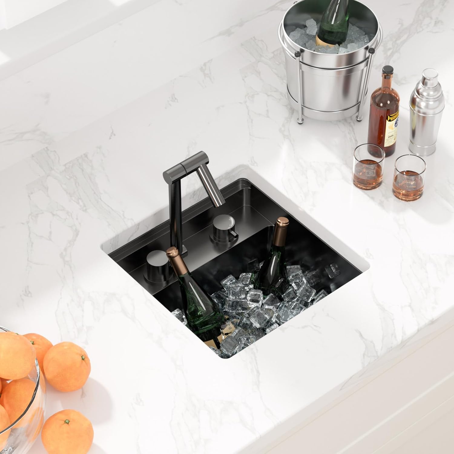 Sarlai Black Undermount Bar Sink With Foldable Faucet - 15x15 Inch Outdoor Black Kitchen Sink RV Workstation 16 Gauge Stainless Steel Single Bowl Handmade Outdoor BBQ Sinks with Lid