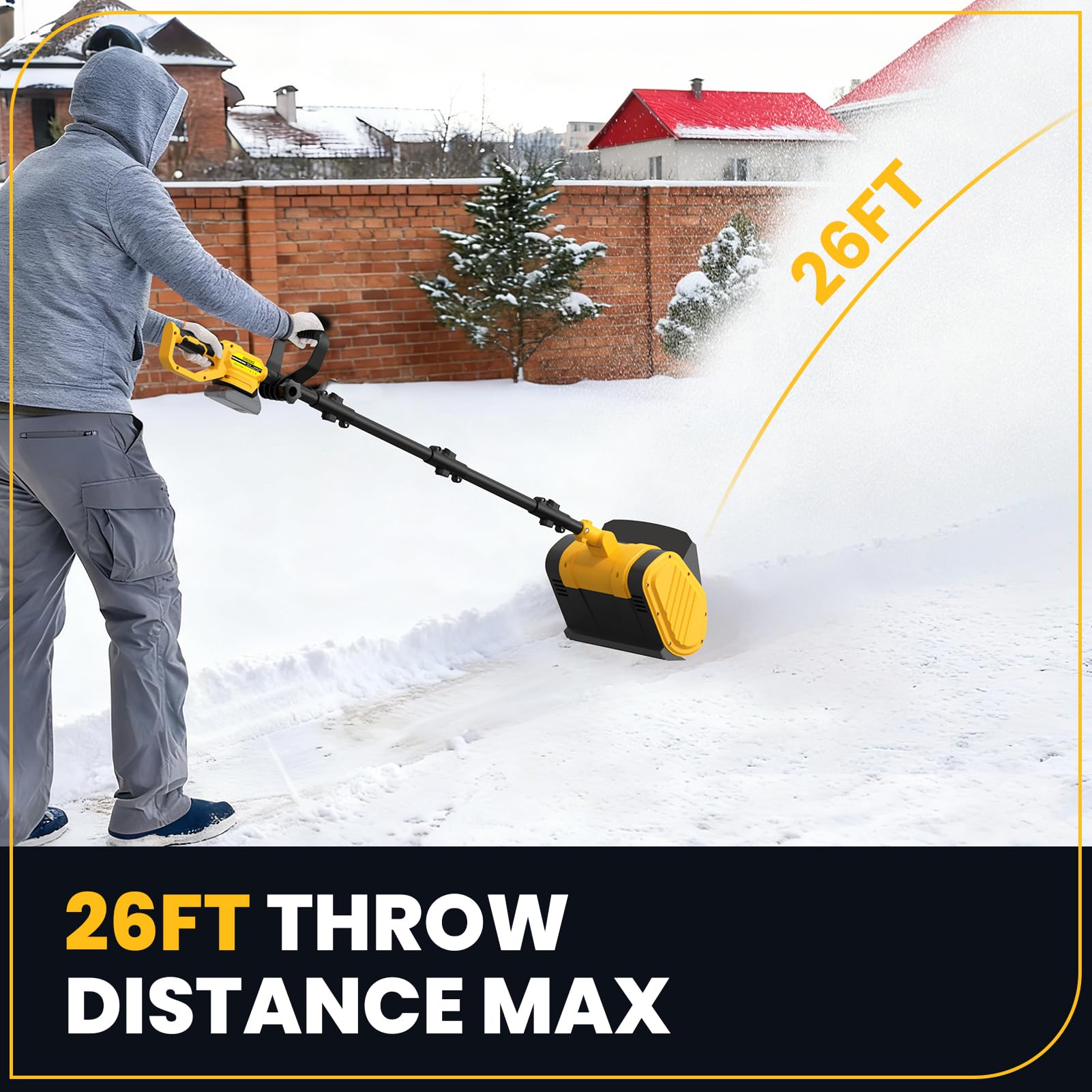 Schneefräse Akku Elektrische Schneefräse mit Akku und Ladegerät Arbeitsbreite 28cm, Schneehöhe 15cm, Auswurfweite 8m & Auswurfhöhe 1,6m,120° verstellbarem Auswurfkanal, Schneefräsen (Gelb)