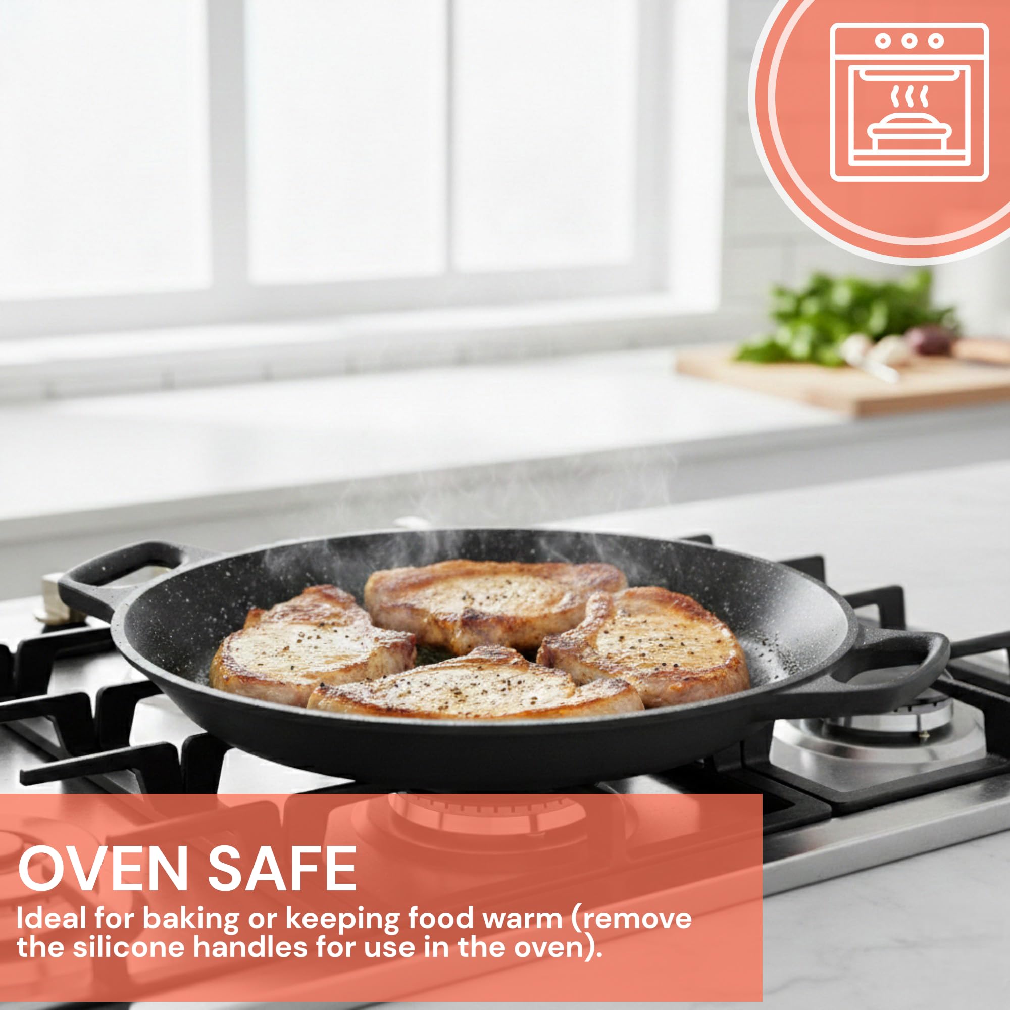 Royal Swiss - Paella antiadherente de mármol, 32 cm, negro con asas rojas